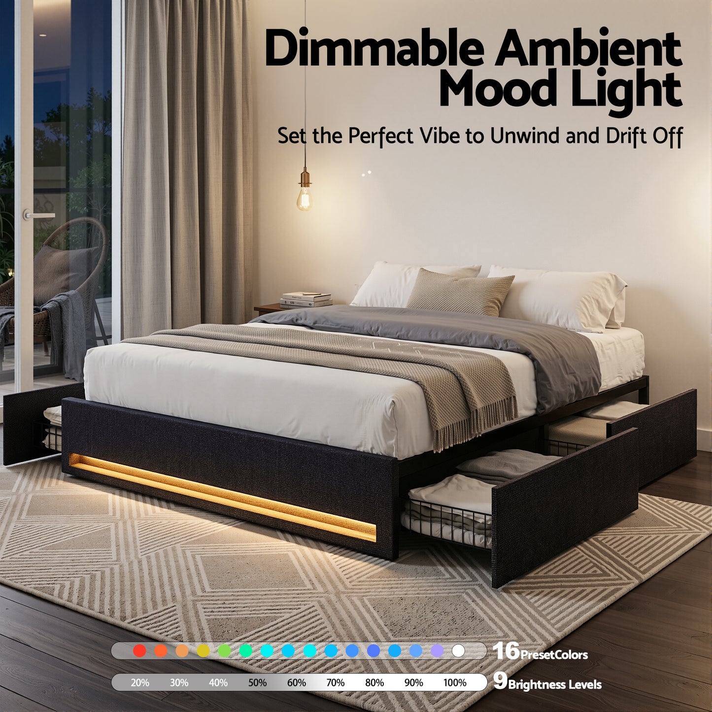 Cozelle Bed Frame with Storage Drawers RGB Lights Charging Station - Black Queen