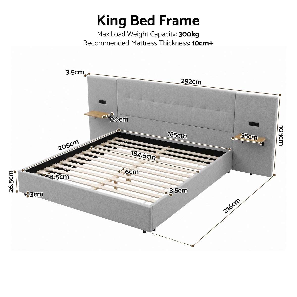 Ottilie Bed Frame with Wide Headboard Floating Shelves and USB - Grey King