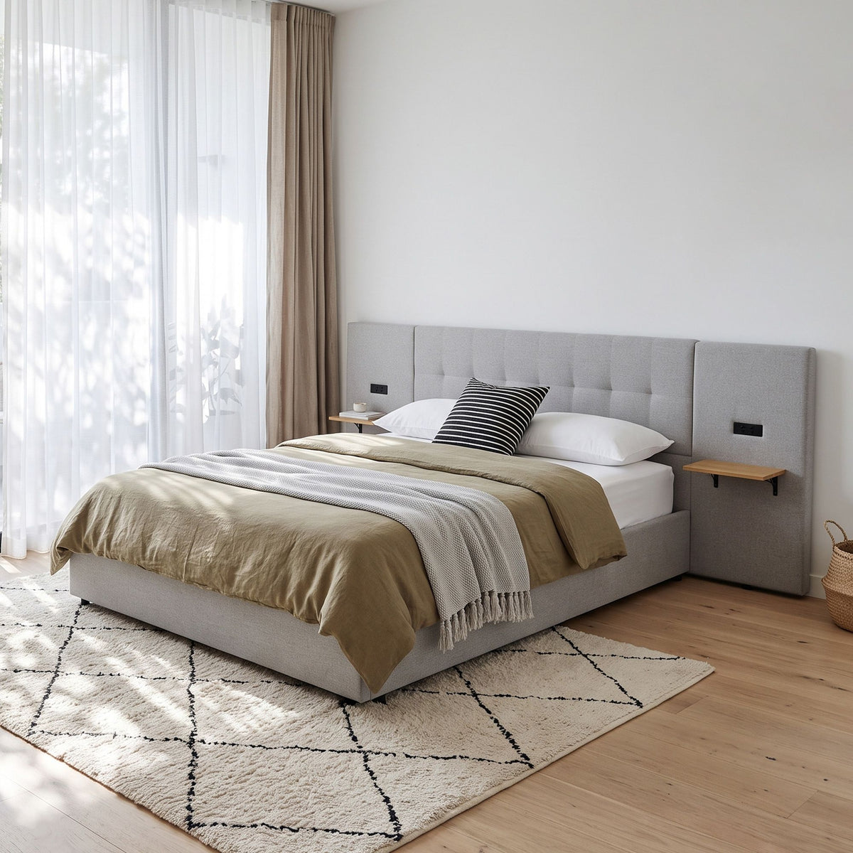Ottilie Bed Frame with Wide Headboard Floating Shelves and USB - Grey King