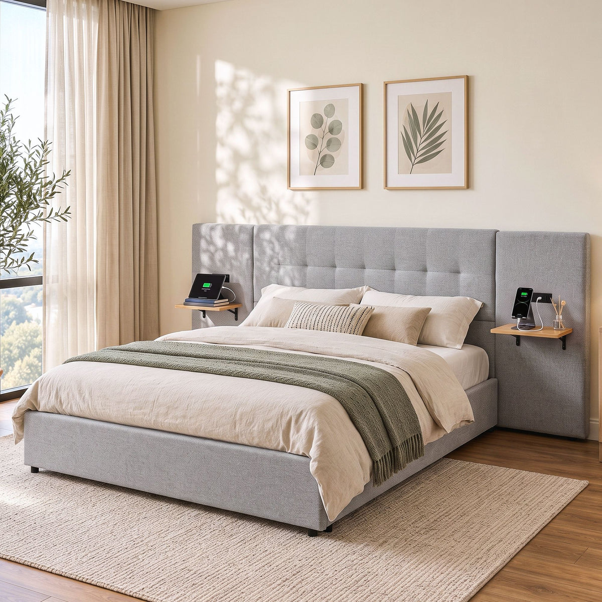 Ottilie Bed Frame with Wide Headboard Floating Shelves and USB - Grey Queen