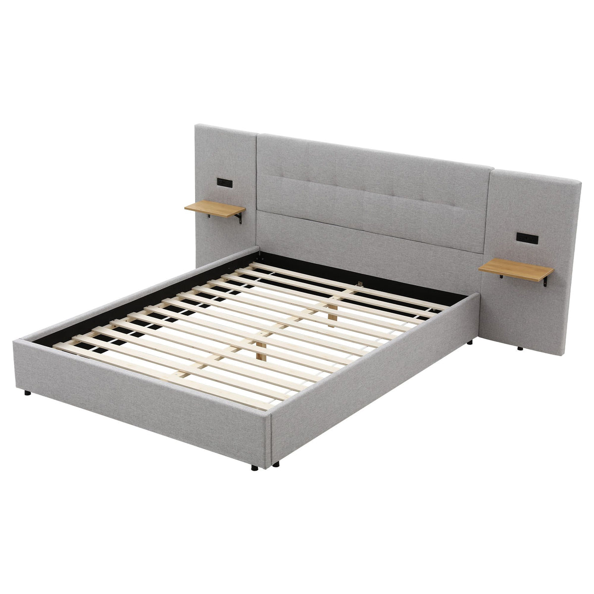 Ottilie Bed Frame with Wide Headboard Floating Shelves and USB - Grey Queen