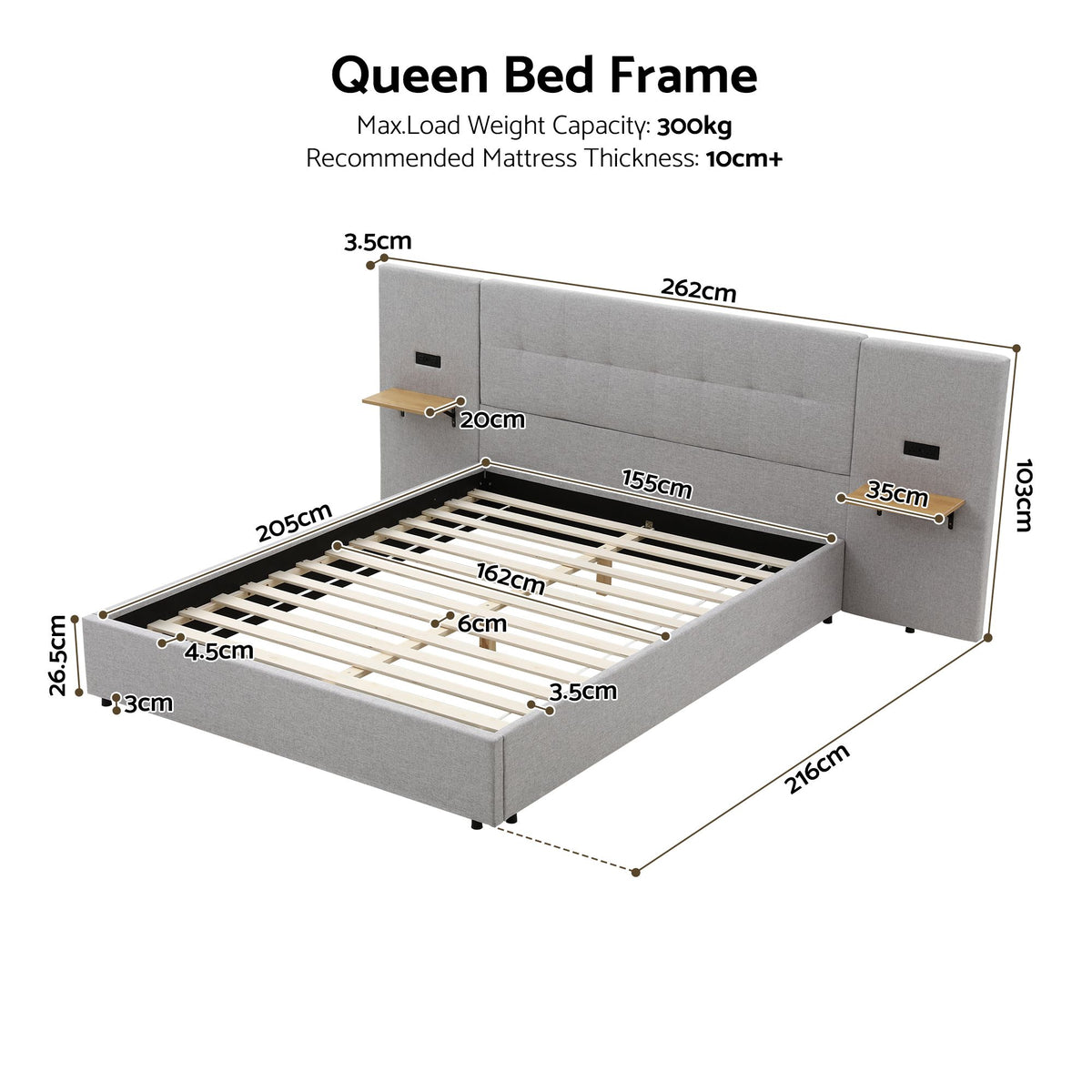 Ottilie Bed Frame with Wide Headboard Floating Shelves and USB - Grey Queen