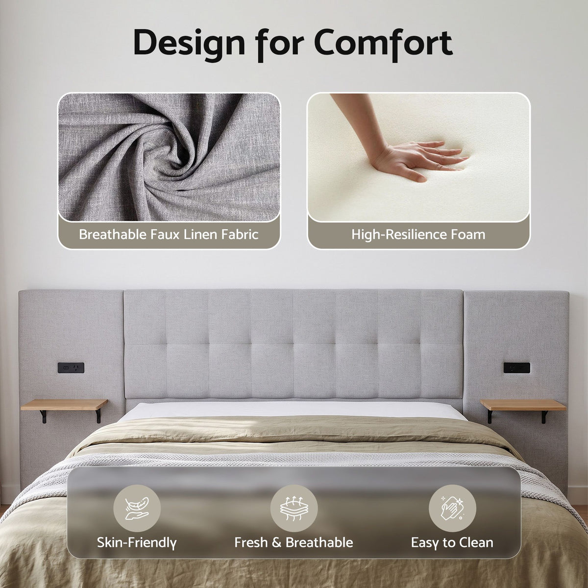 Ottilie Bed Frame with Wide Headboard Floating Shelves and USB - Grey Queen