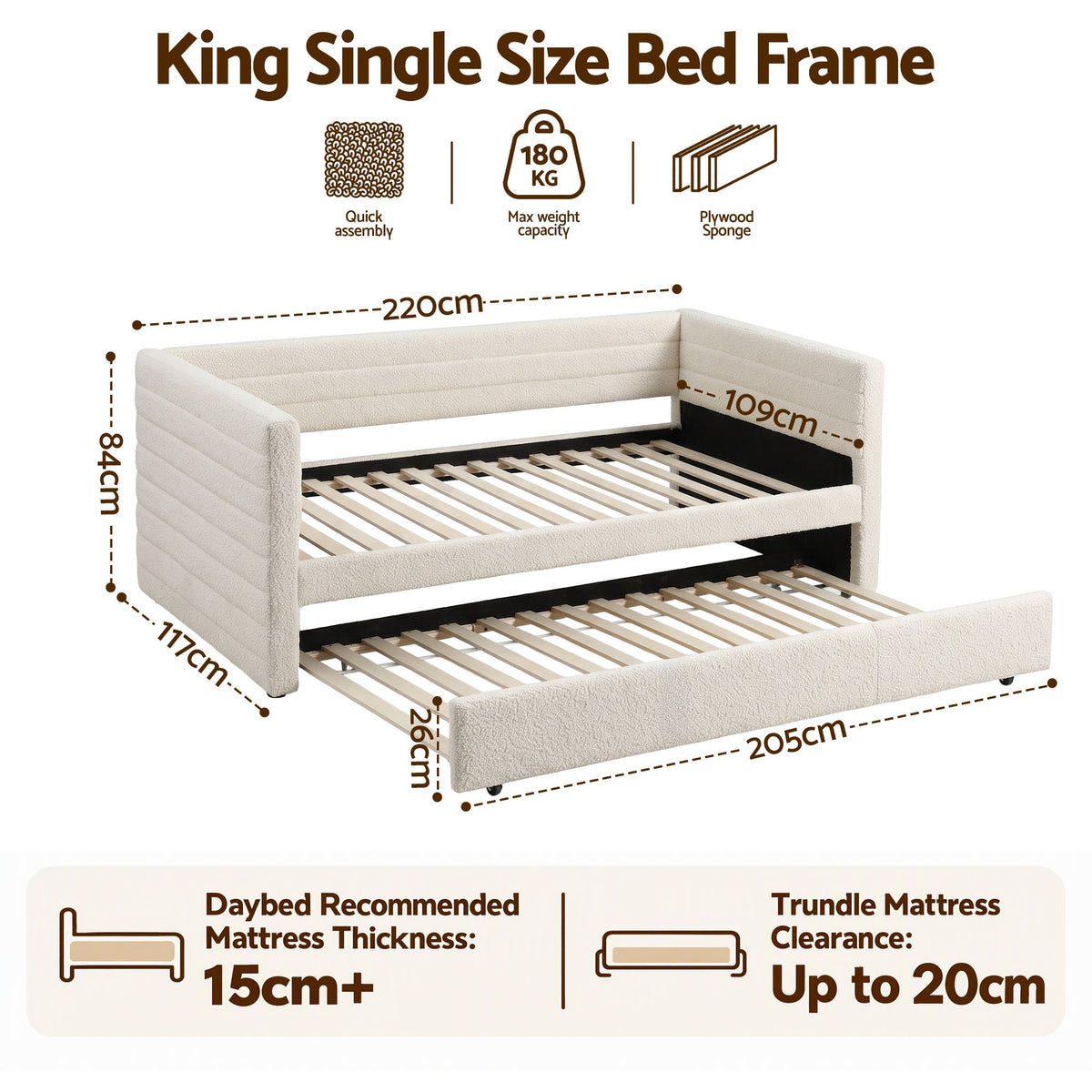 Belize Daybed with Trundle Boucle Upholstered Bed Frame Guest Bed - White King Single