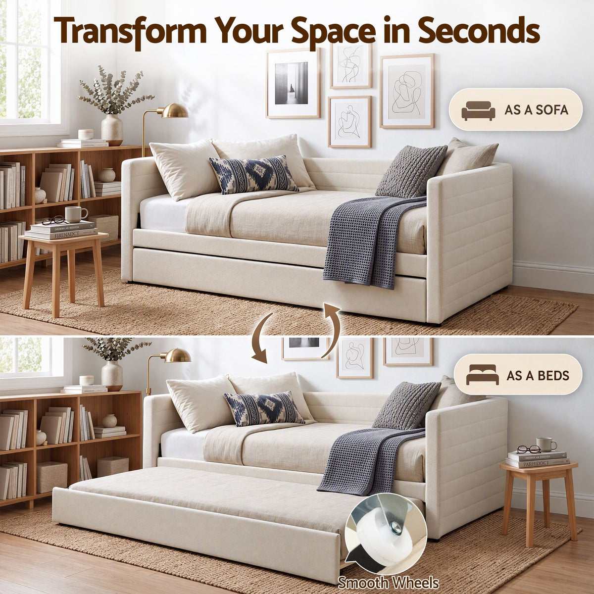 Belize Daybed with Trundle Boucle Upholstered Bed Frame Guest Bed - White King Single