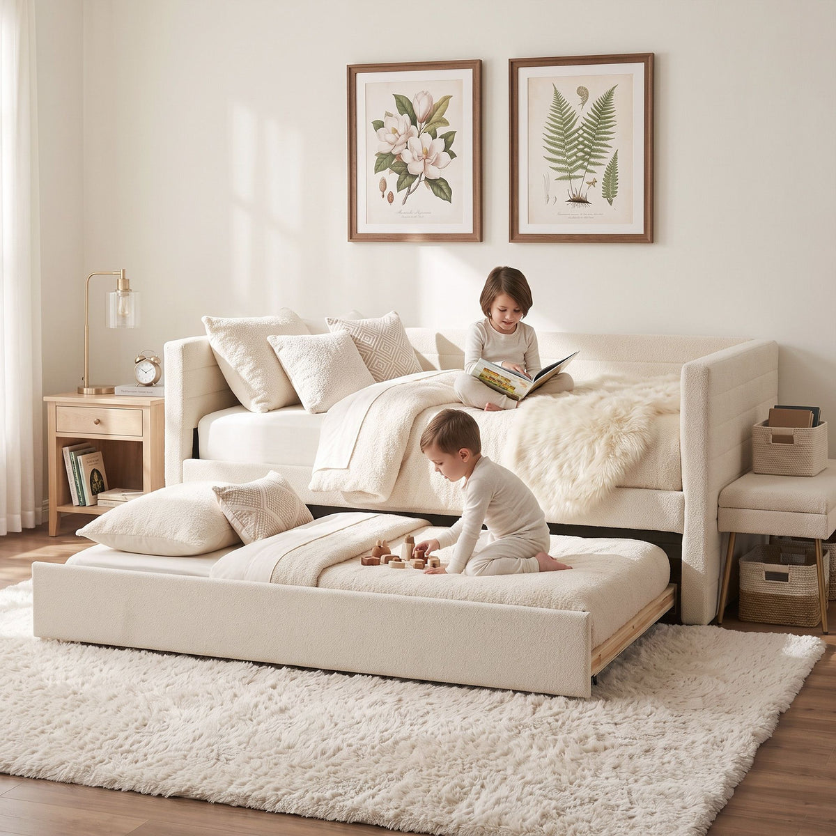 Belize Daybed with Trundle Boucle Upholstered Bed Frame Guest Bed - White King Single