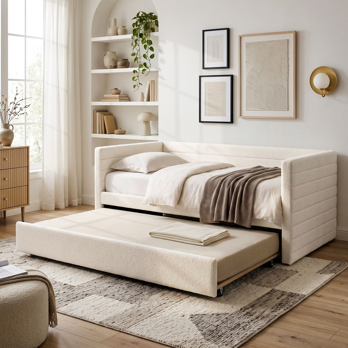 Belize Daybed with Trundle Boucle Upholstered Bed Frame Guest Bed - White Single