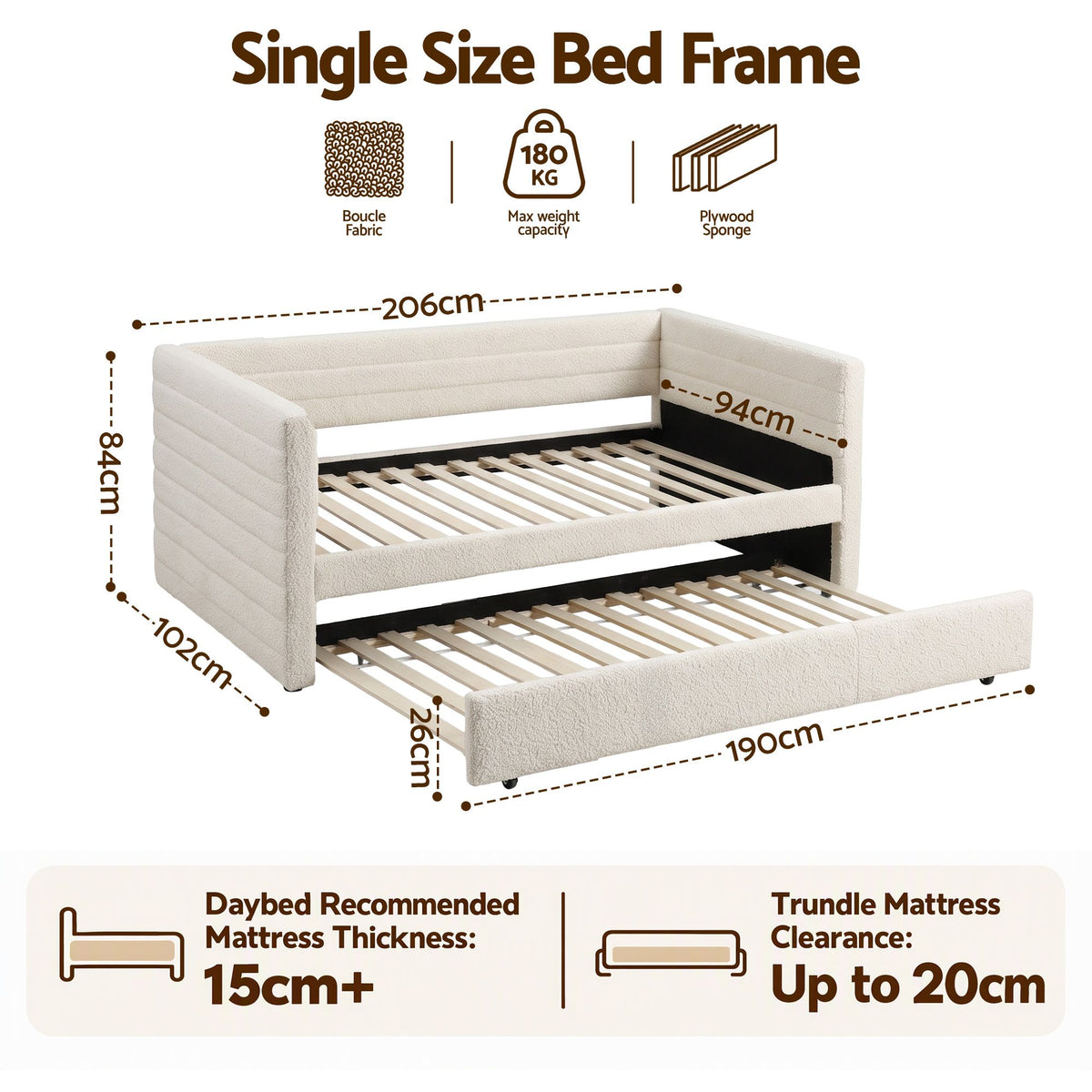 Belize Daybed with Trundle Boucle Upholstered Bed Frame Guest Bed - White Single