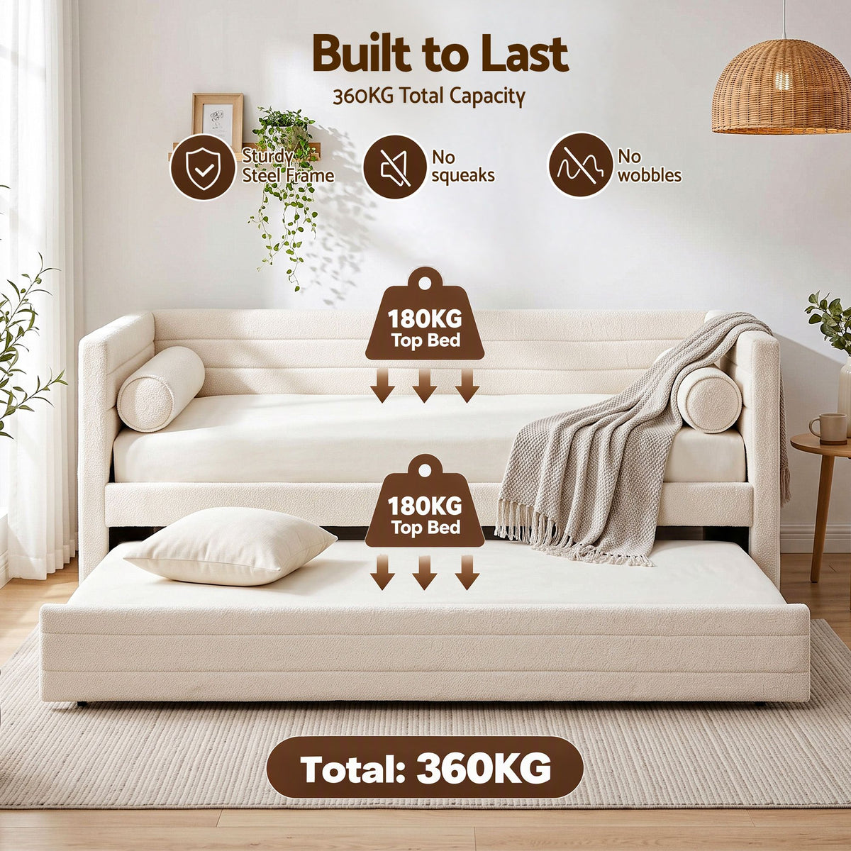 Belize Daybed with Trundle Boucle Upholstered Bed Frame Guest Bed - White Single