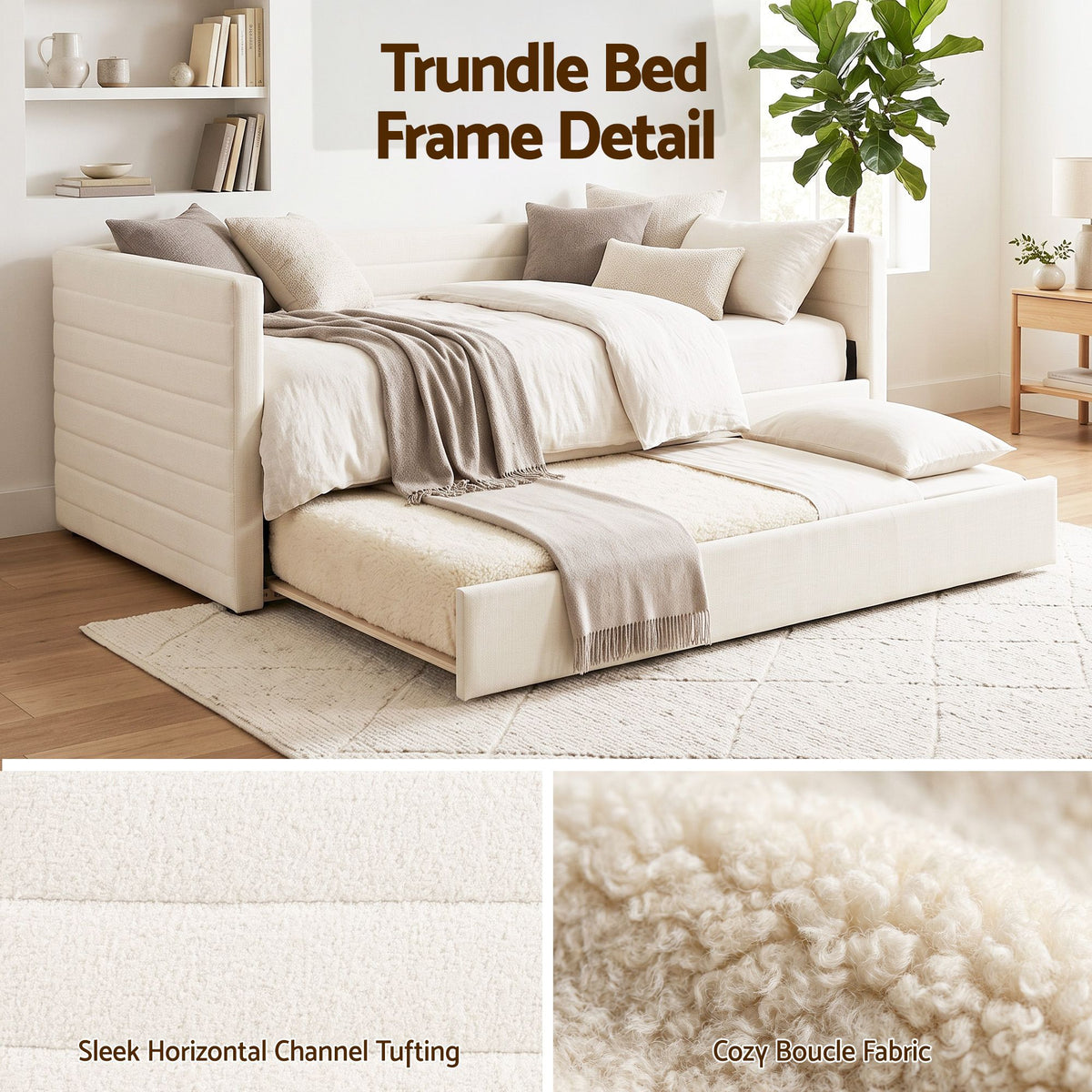 Belize Daybed with Trundle Boucle Upholstered Bed Frame Guest Bed - White Single