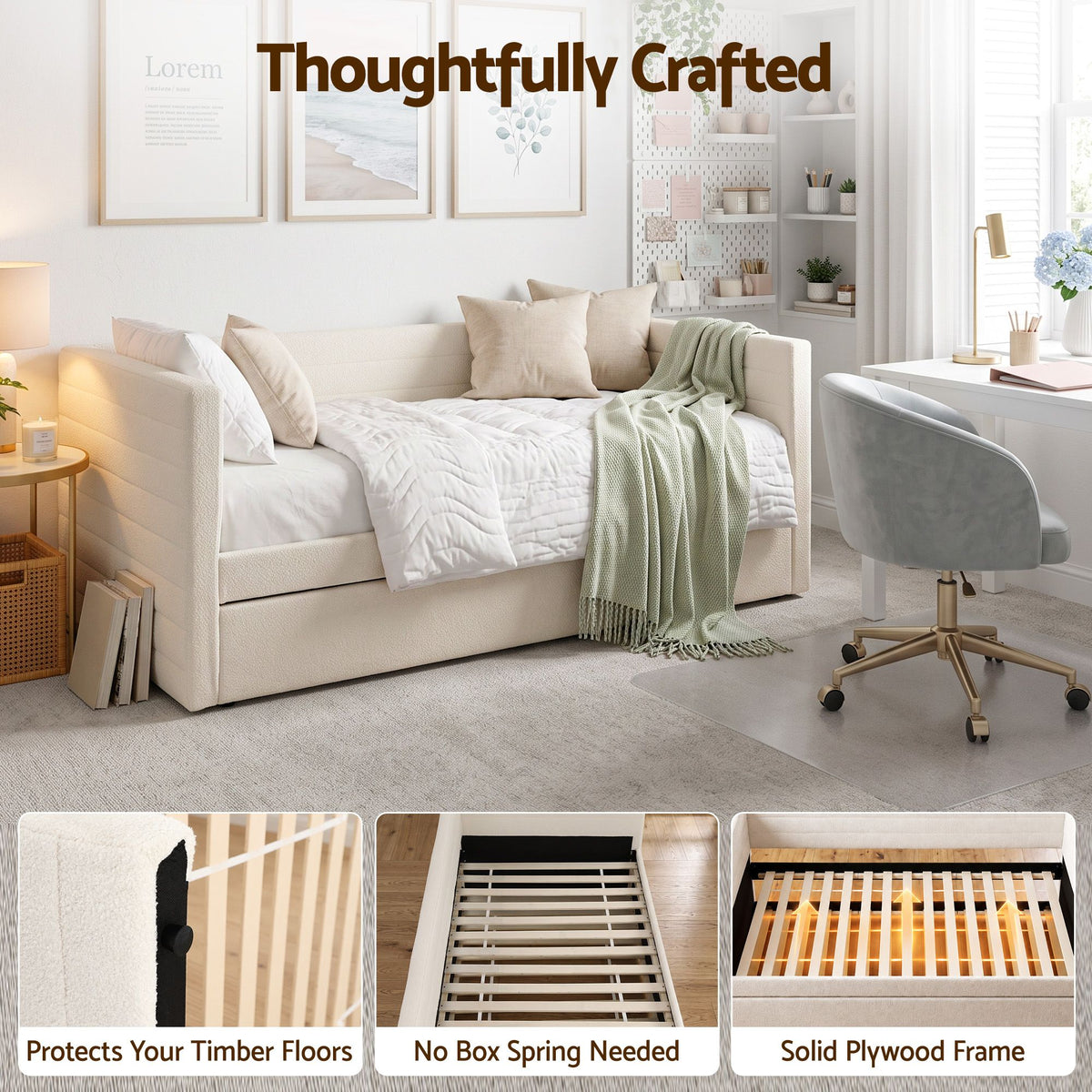 Belize Daybed with Trundle Boucle Upholstered Bed Frame Guest Bed - White Single