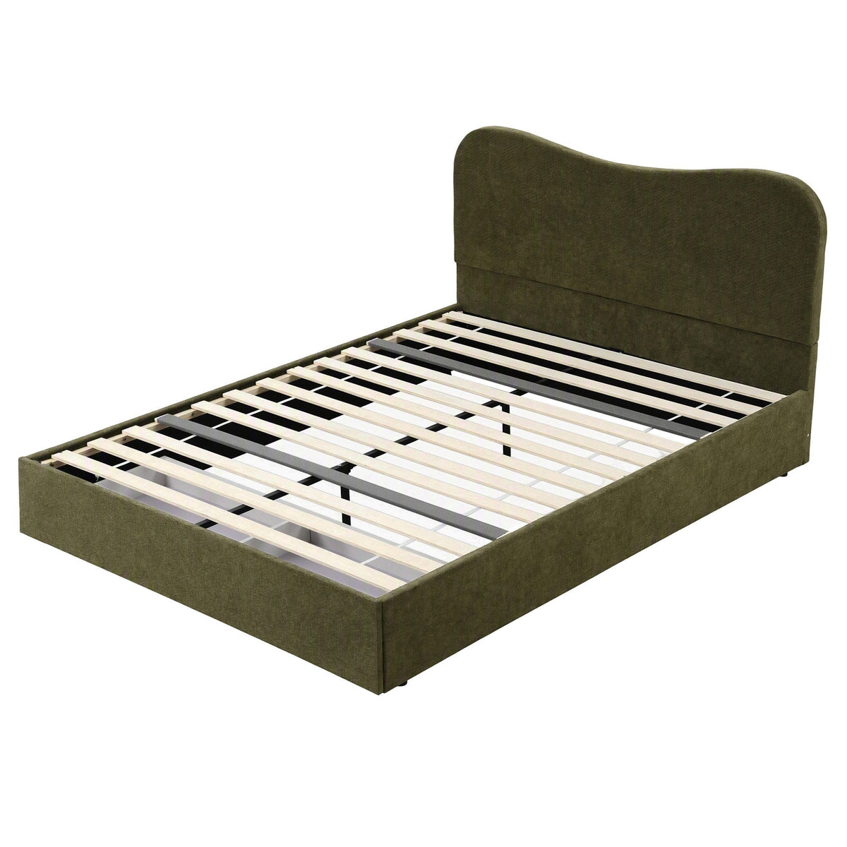Solmira Bed Frame with Storage Drawer Chenille Curved Headboard - Green Double