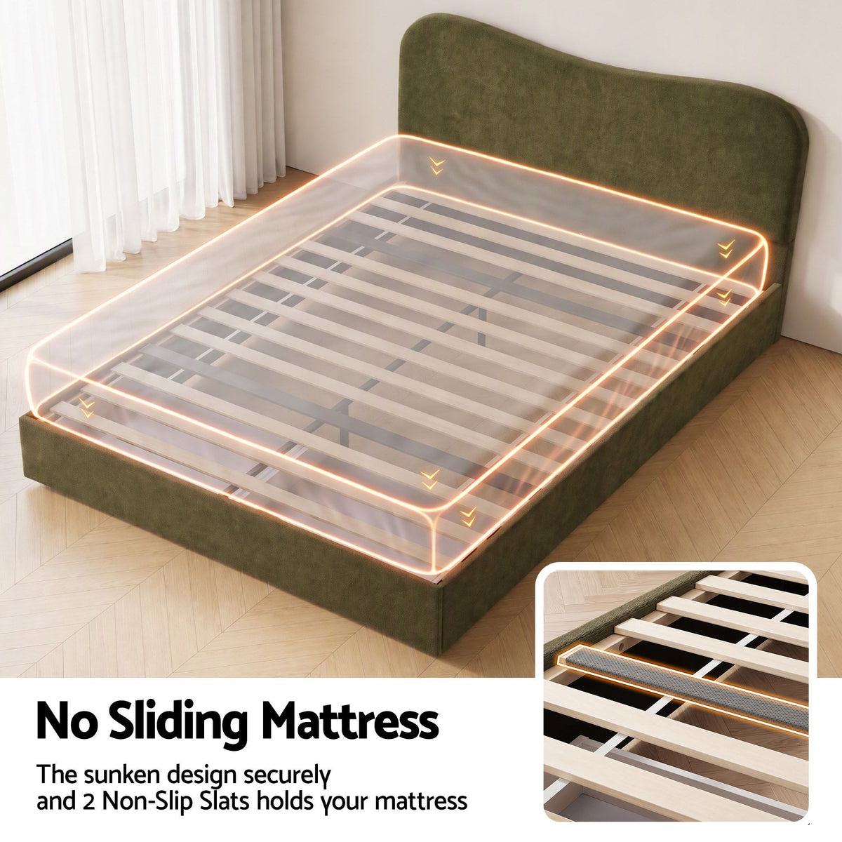 Solmira Bed Frame with Storage Drawer Chenille Curved Headboard - Green Double