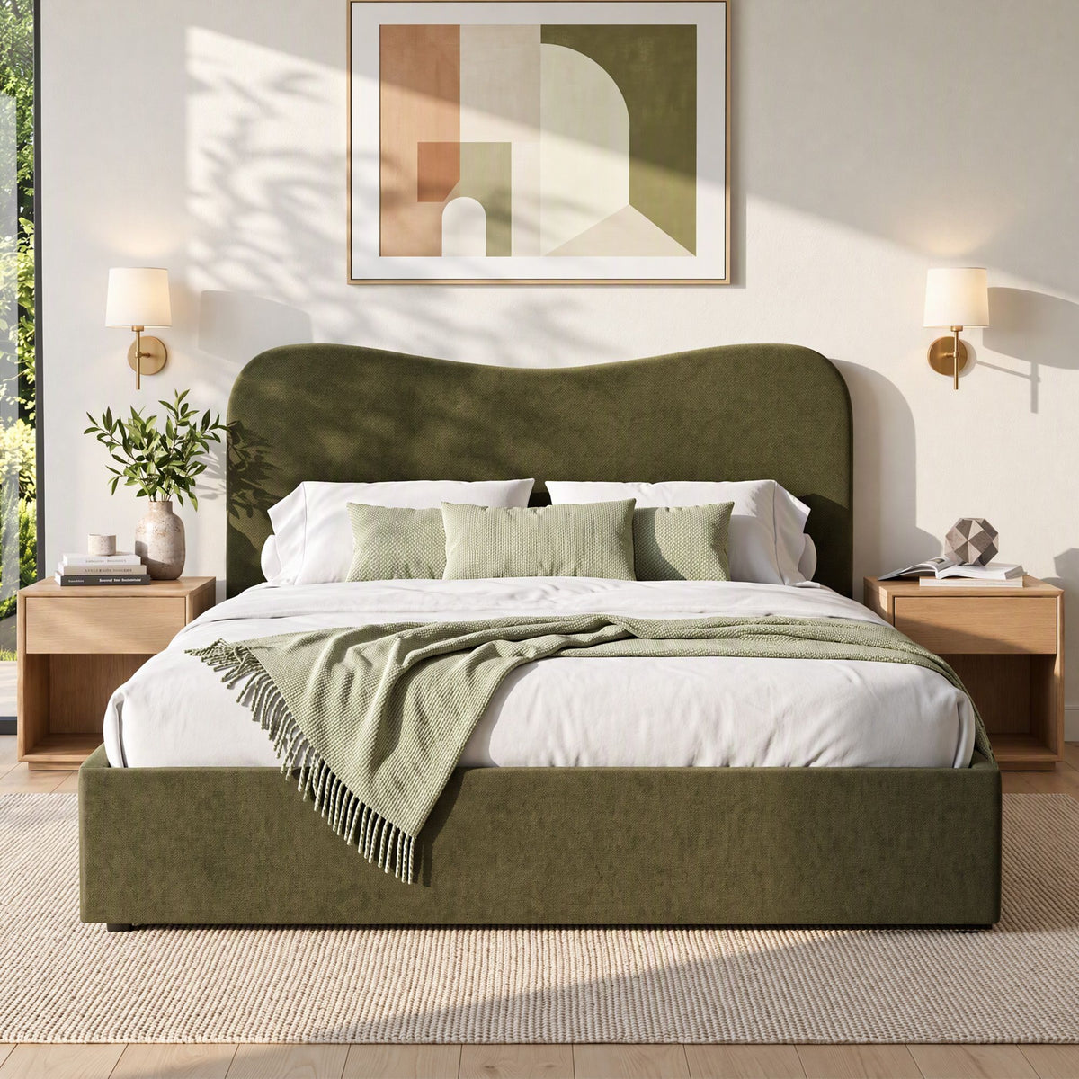 Solmira Bed Frame with Storage Drawer Chenille Curved Headboard - Green Queen