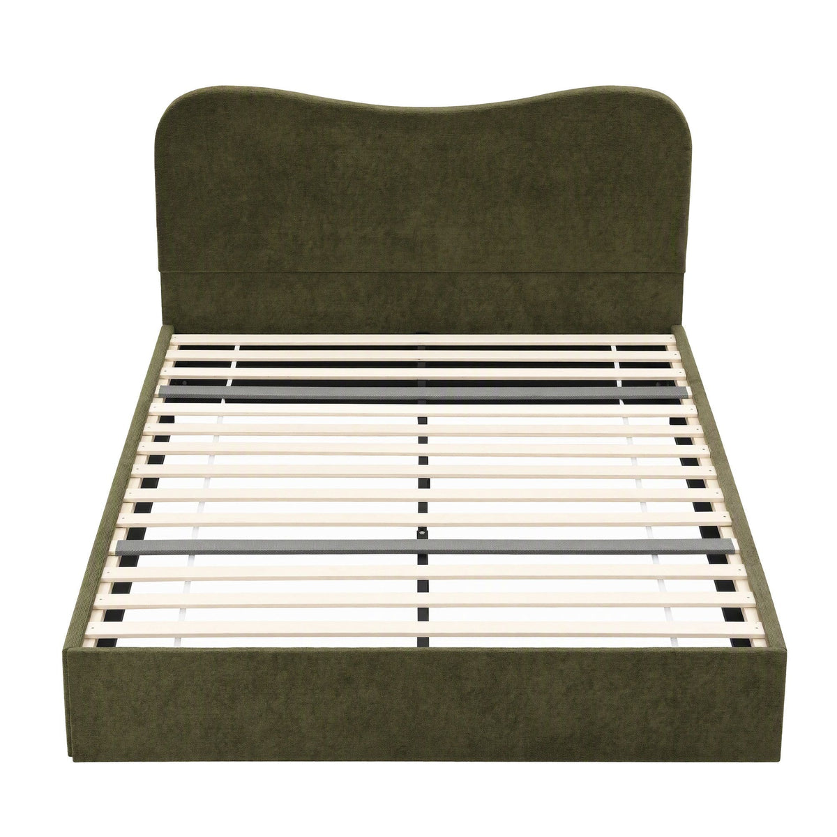 Solmira Bed Frame with Storage Drawer Chenille Curved Headboard - Green Queen