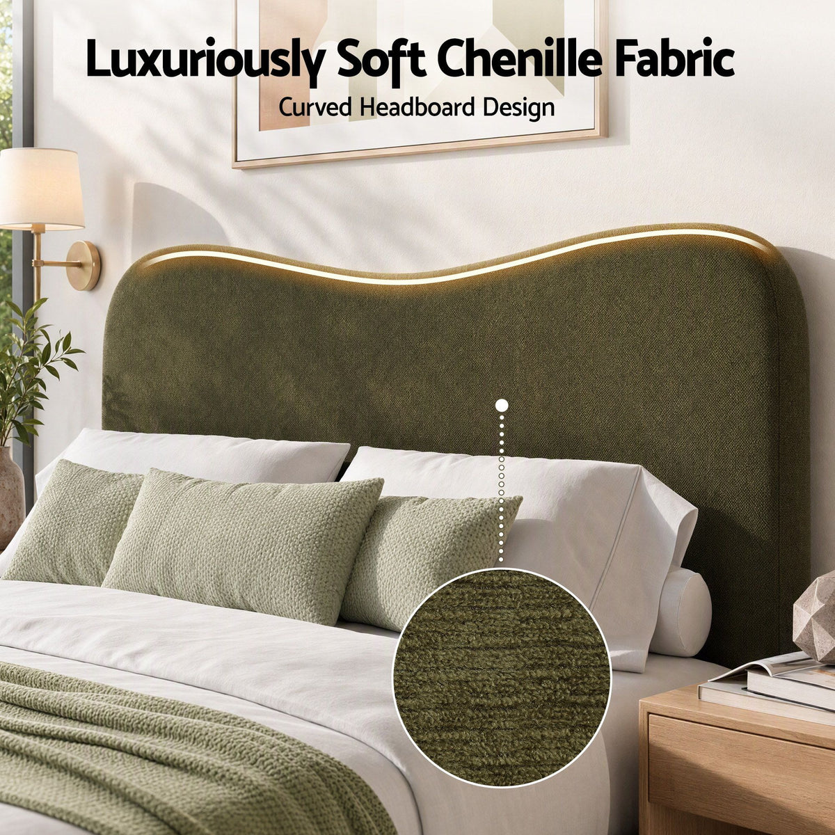 Solmira Bed Frame with Storage Drawer Chenille Curved Headboard - Green Queen