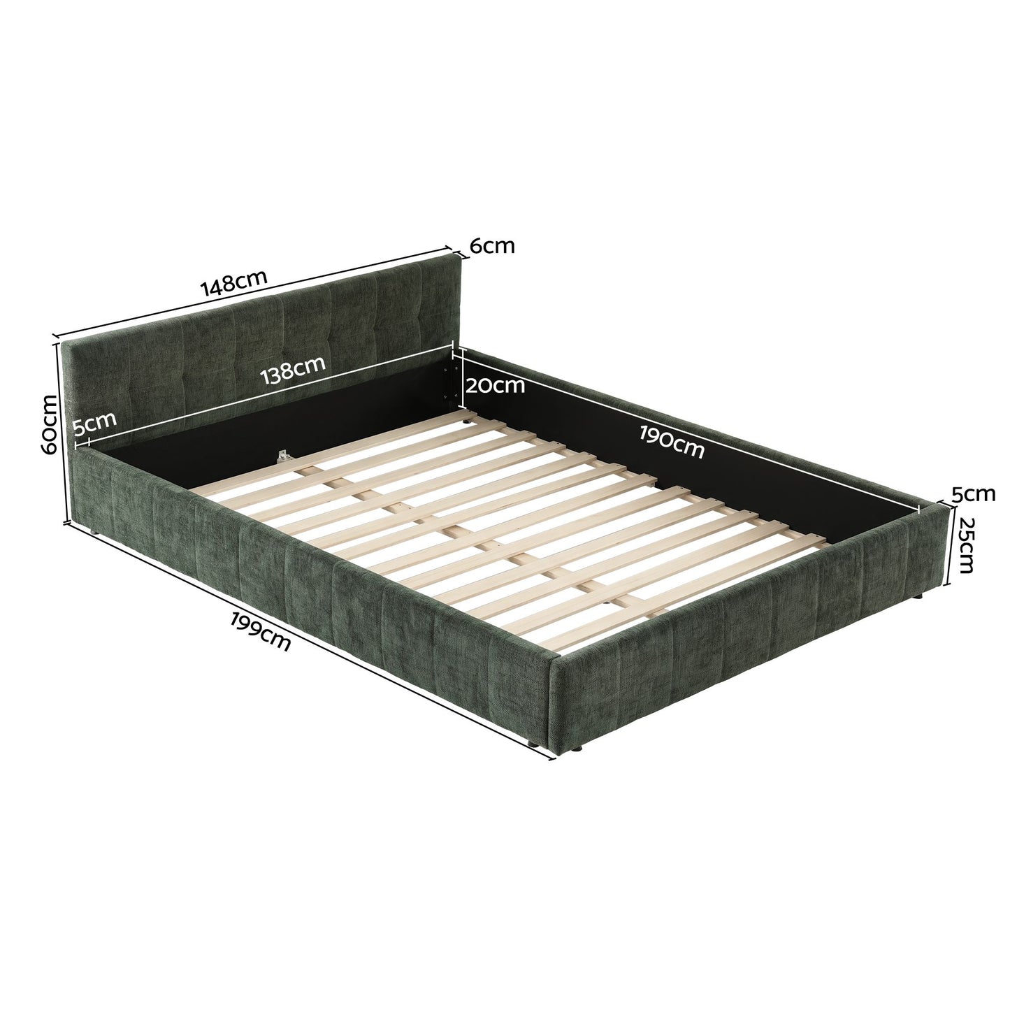 Meadow Bed Frame Chenille Heavy Duty Platform Base - Green Double