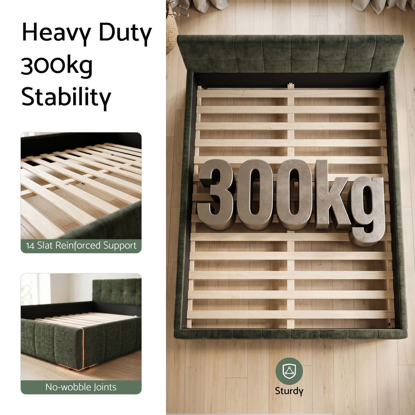 Meadow Bed Frame Chenille Heavy Duty Platform Base - Green Double