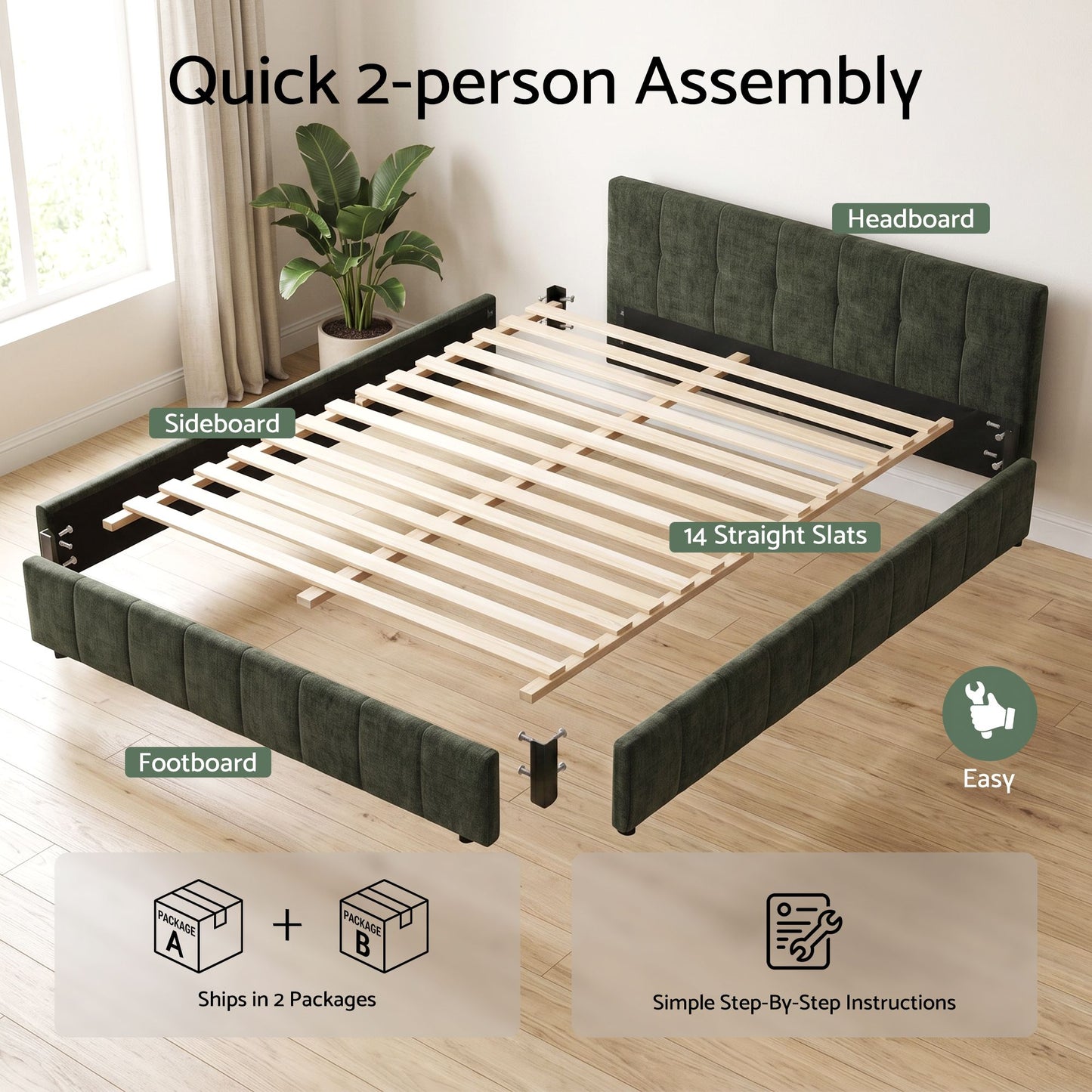 Meadow Bed Frame Chenille Heavy Duty Platform Base - Green Double