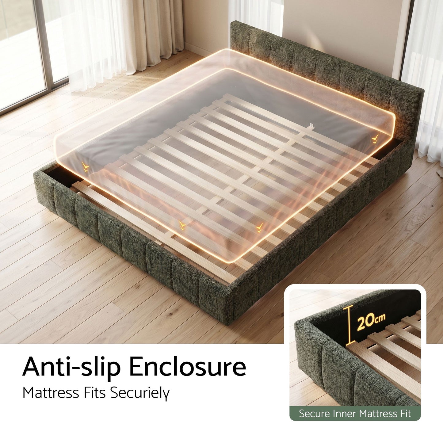Meadow Bed Frame Chenille Heavy Duty Platform Base - Green King