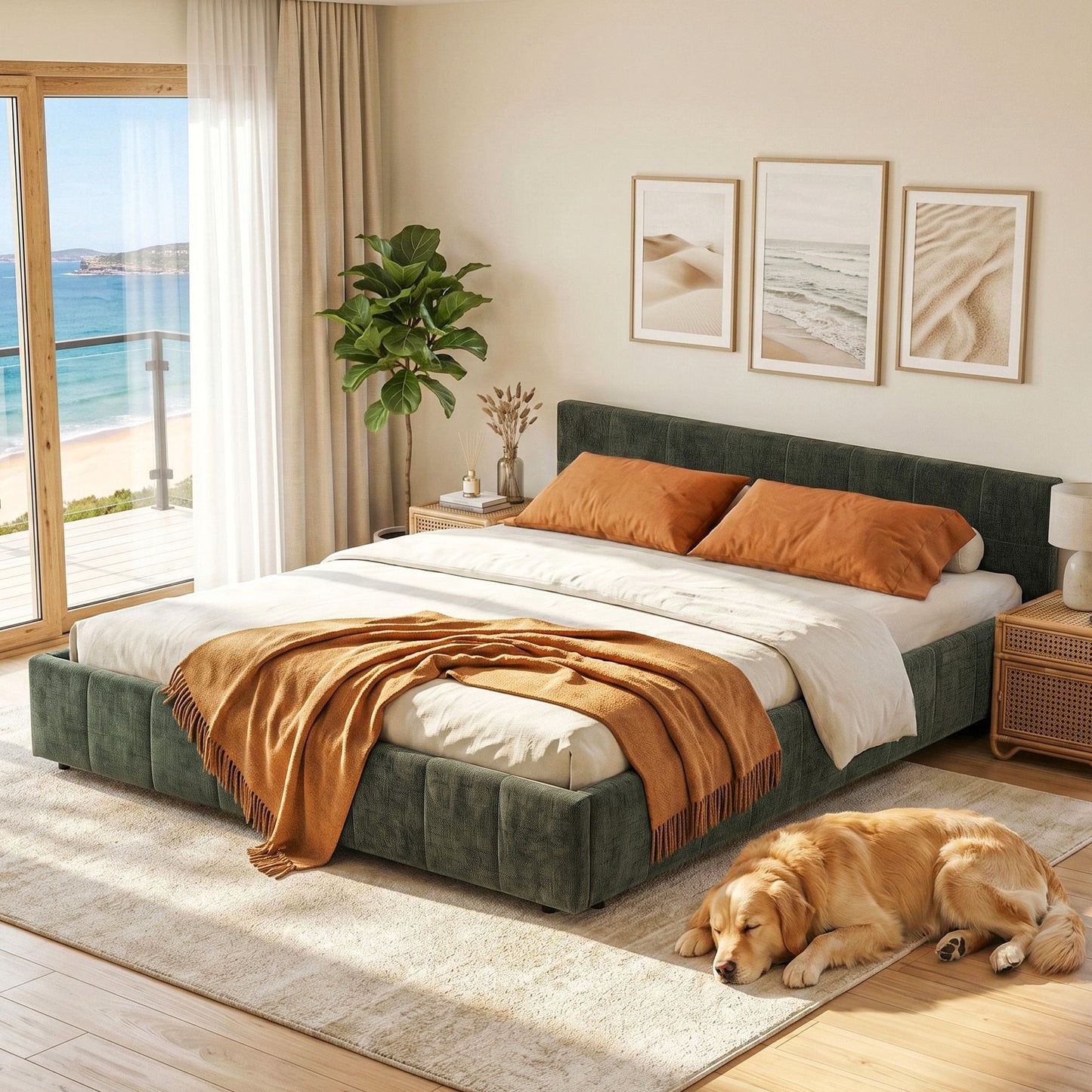 Meadow Bed Frame Chenille Heavy Duty Platform Base - Green Queen