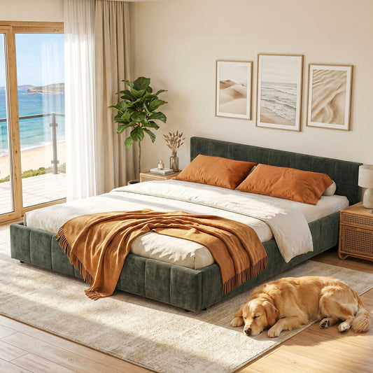 Meadow Bed Frame Chenille Heavy Duty Platform Base - Green Queen