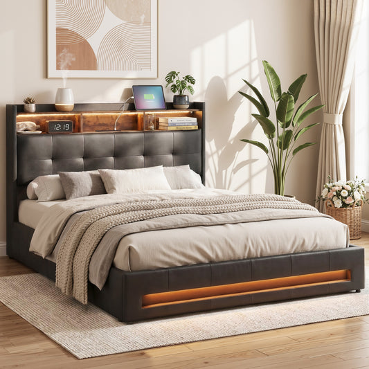 Tiara Bed Frame with Gas Lift Storage LED Lights Charging Station Headboard - Black Double