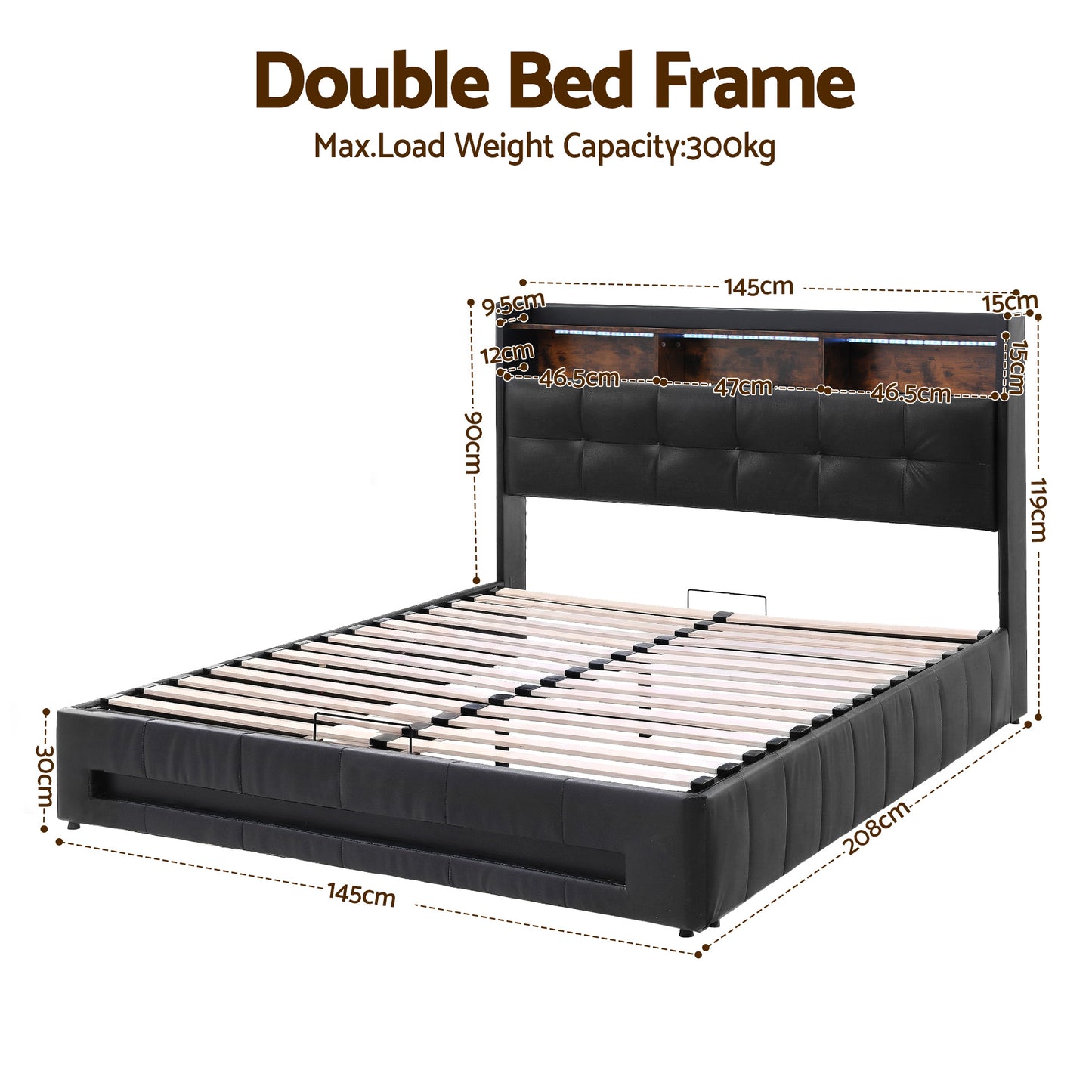 Tiara Bed Frame with Gas Lift Storage LED Lights Charging Station Headboard - Black Double
