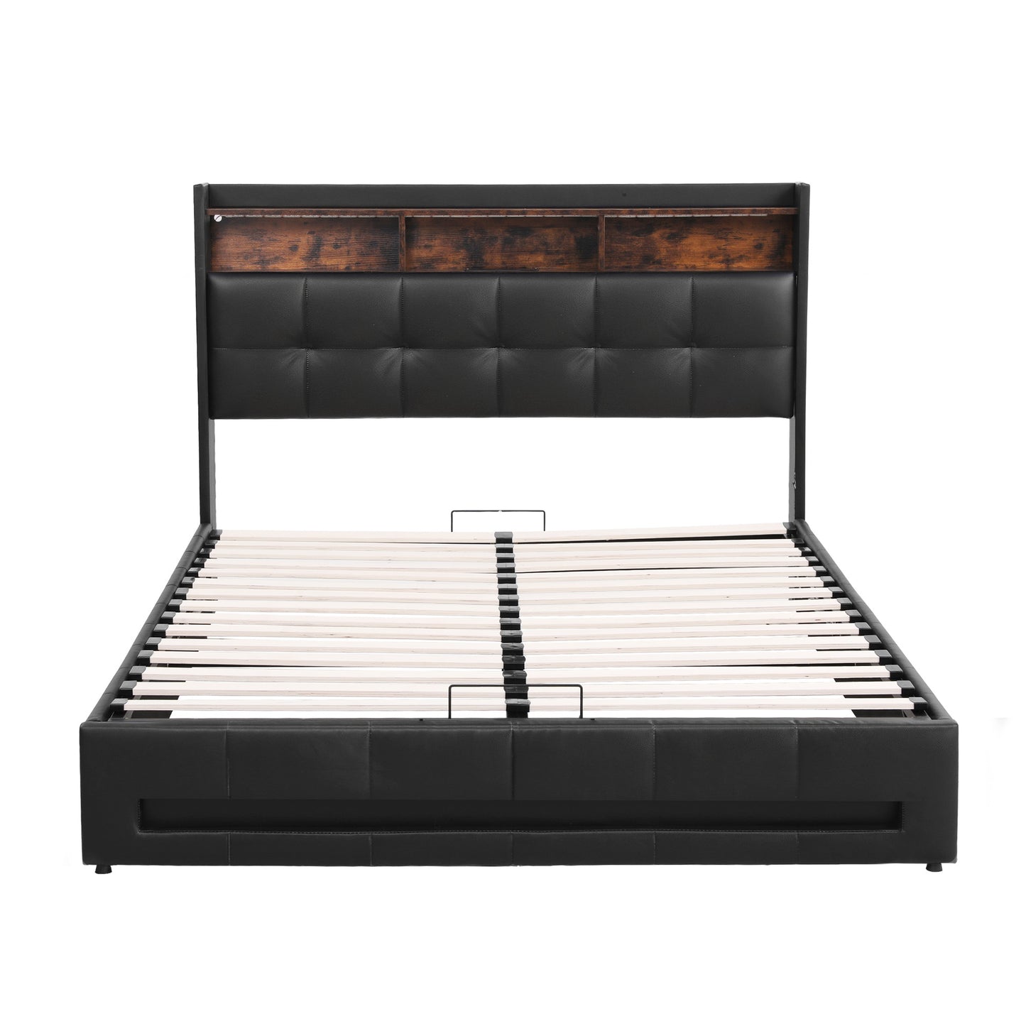 Tiara Bed Frame with Gas Lift Storage LED Lights Charging Station Headboard - Black Double