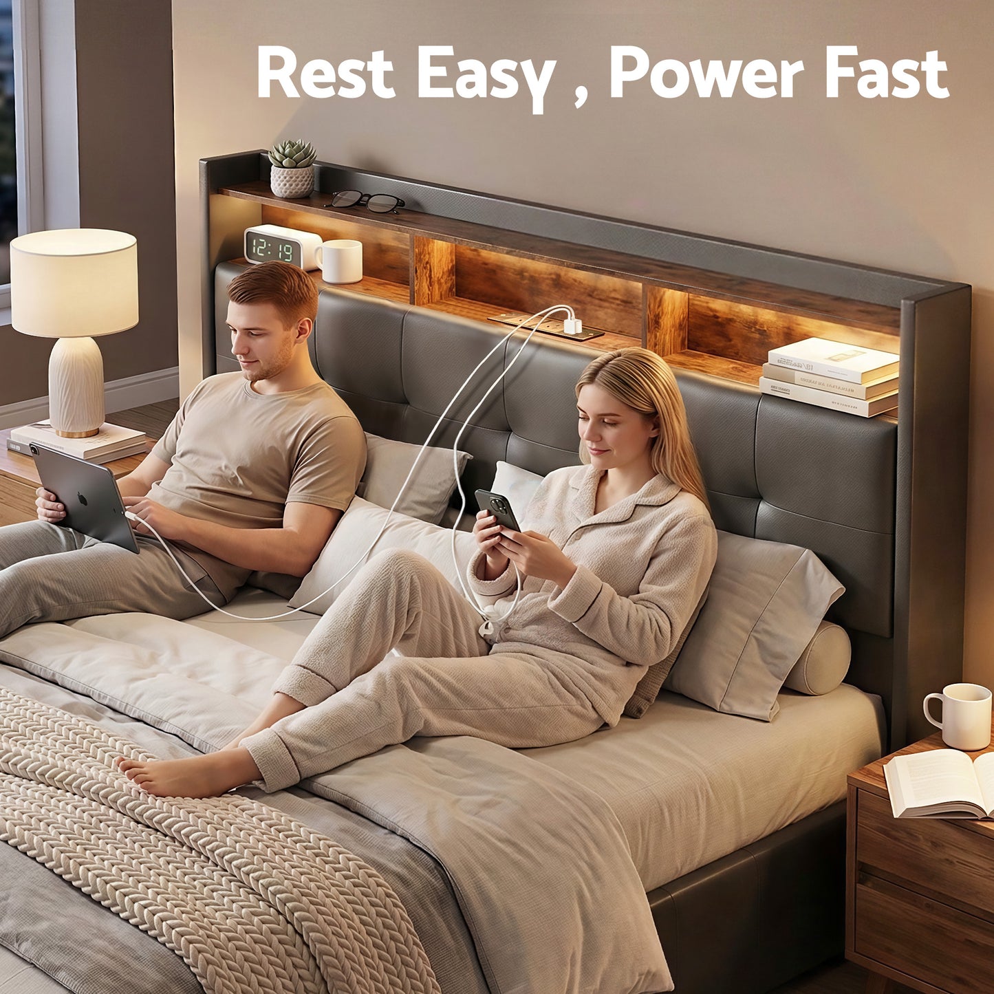 Tiara Bed Frame with Gas Lift Storage LED Lights Charging Station Headboard - Black Double