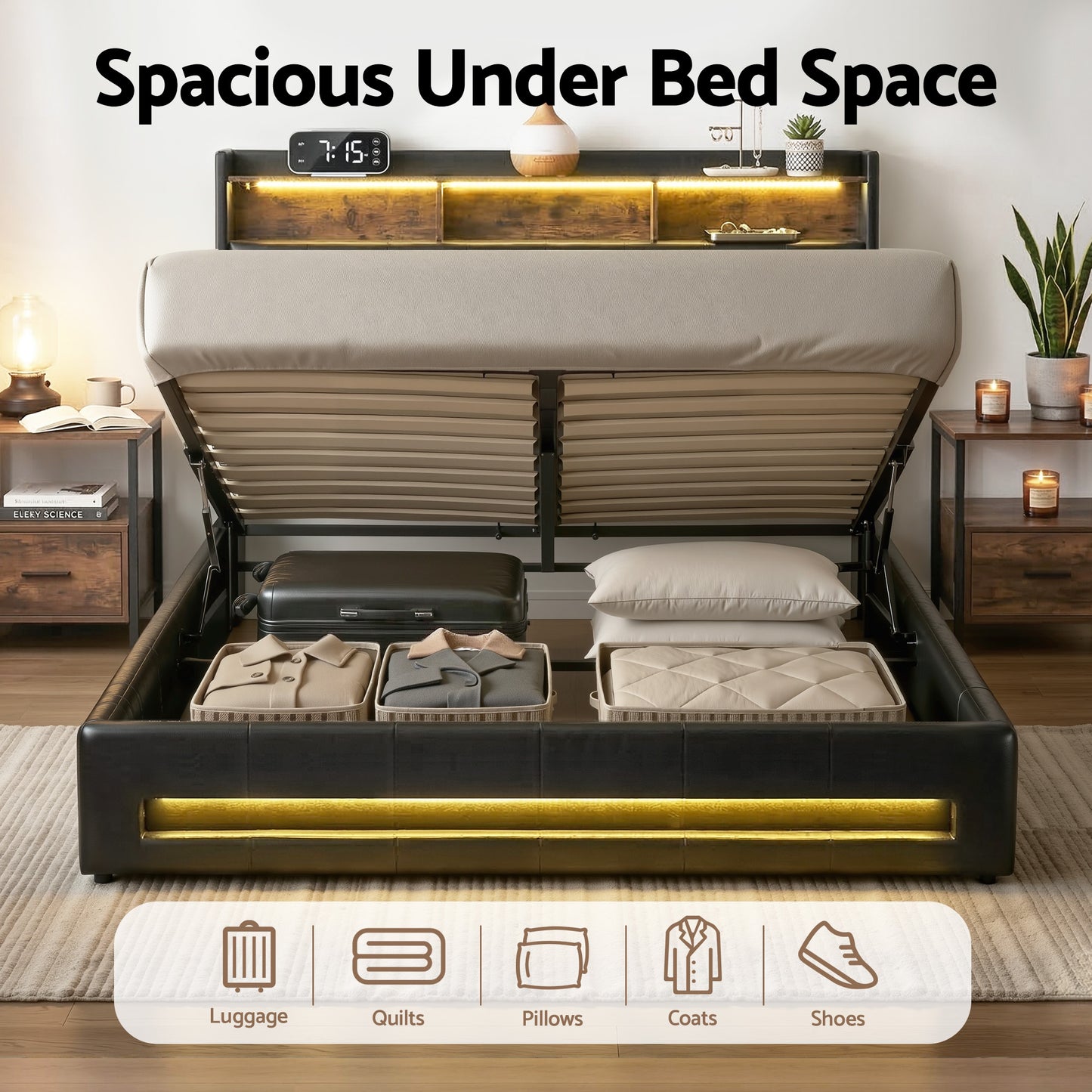 Tiara Bed Frame with Gas Lift Storage LED Lights Charging Station Headboard - Black Double
