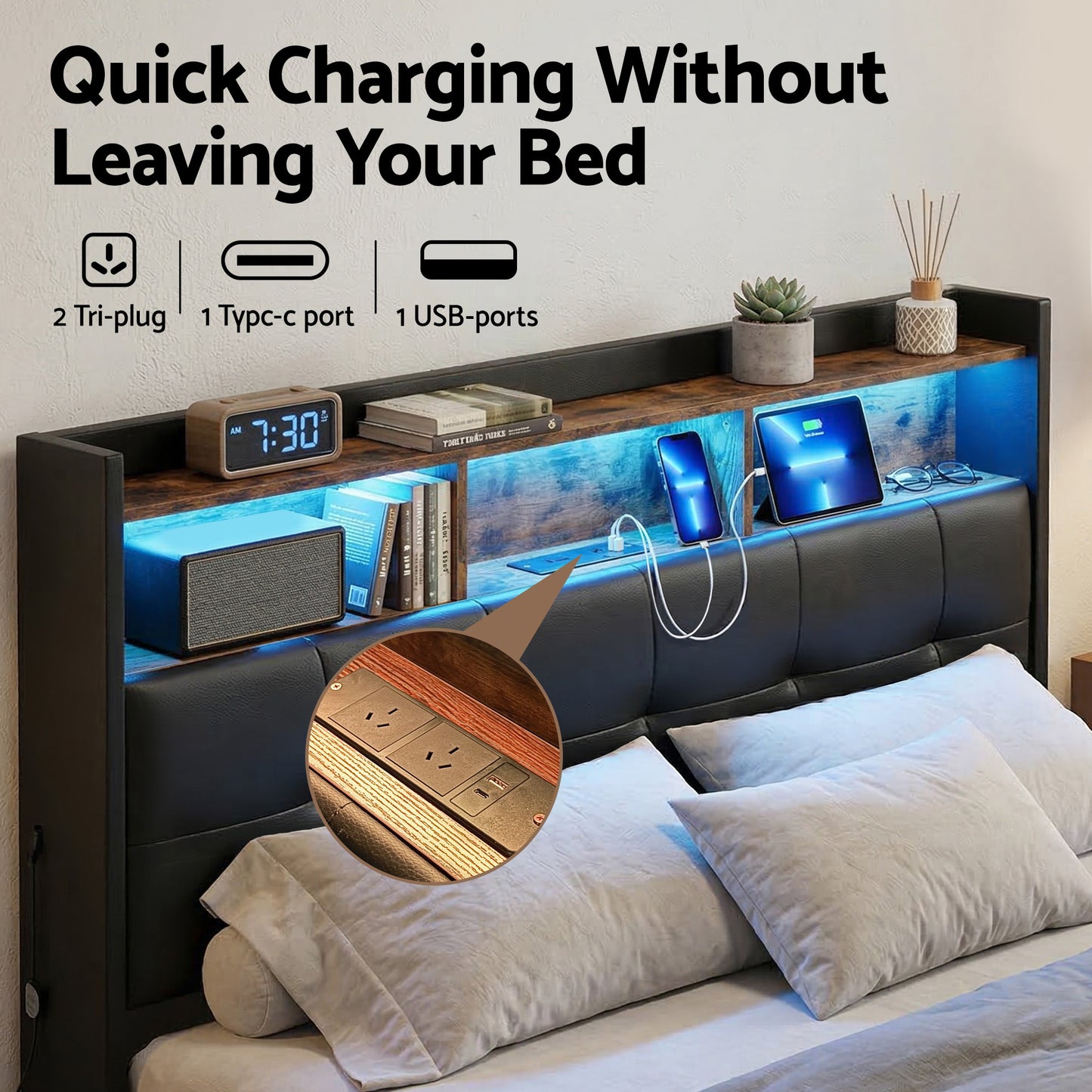 Tiara Bed Frame with Gas Lift Storage LED Lights Charging Station Headboard - Black Double
