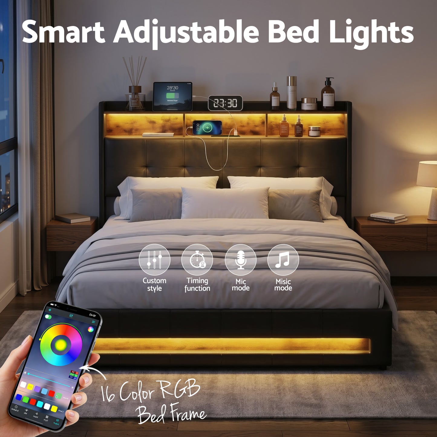 Tiara Bed Frame with Gas Lift Storage LED Lights Charging Station Headboard - Black Double