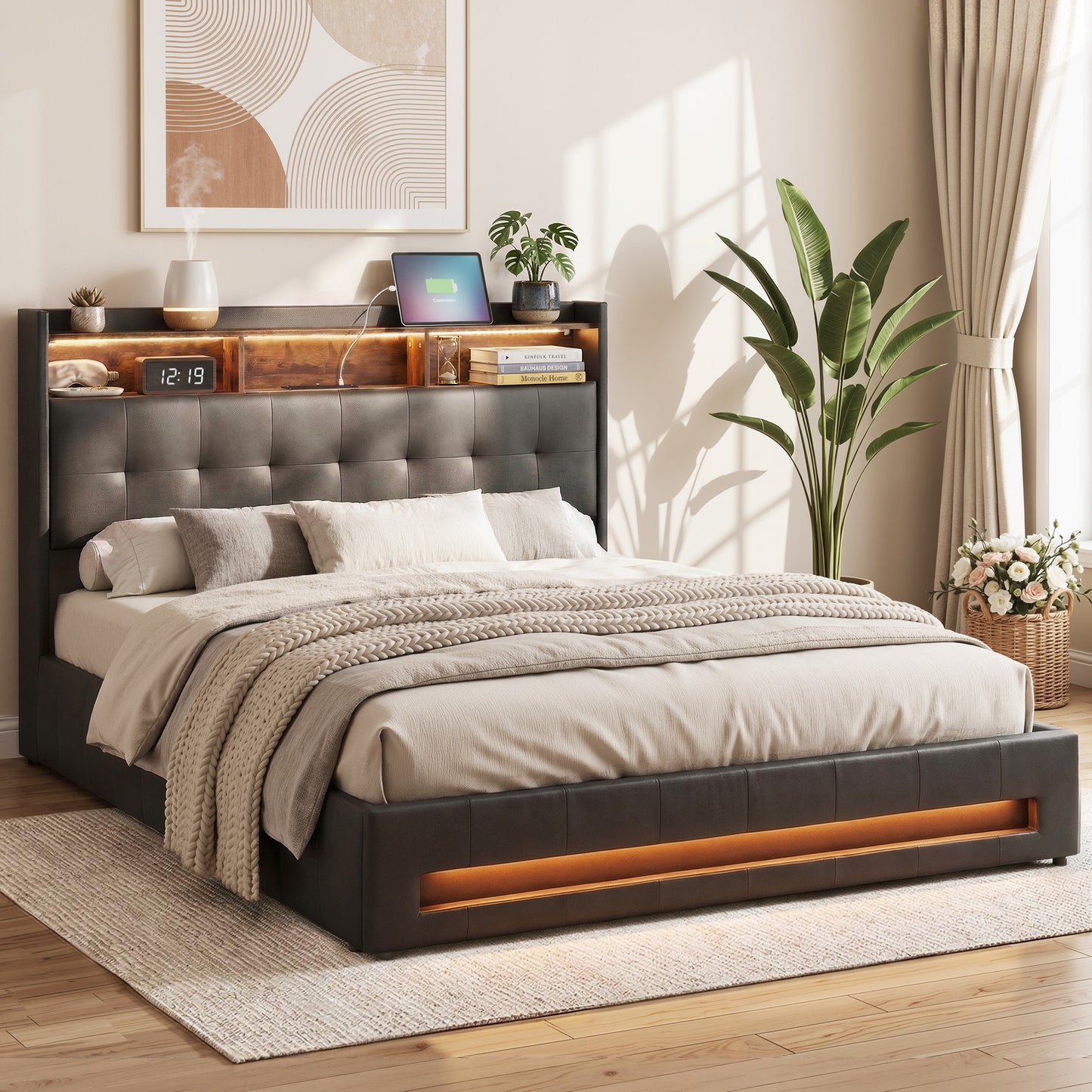 Tiara Bed Frame with Gas Lift Storage LED Lights Charging Station Headboard - Black Queen