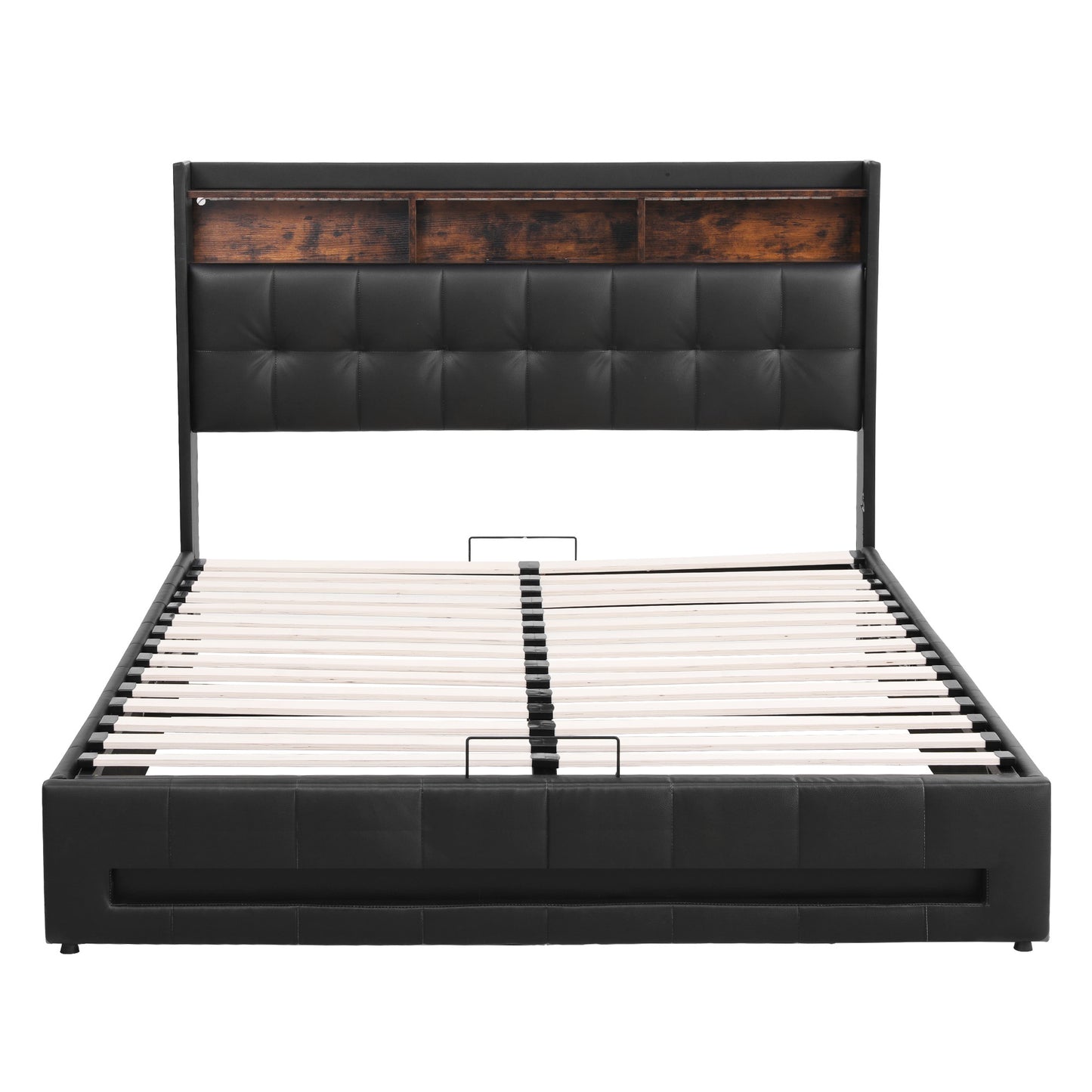 Tiara Bed Frame with Gas Lift Storage LED Lights Charging Station Headboard - Black Queen