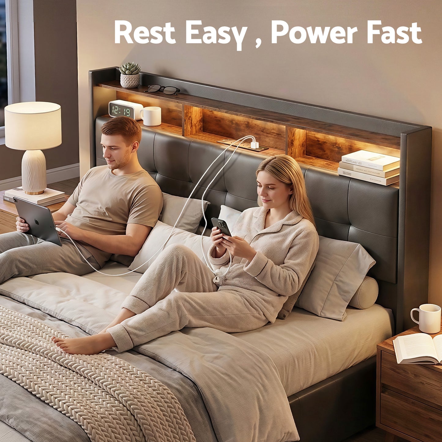 Tiara Bed Frame with Gas Lift Storage LED Lights Charging Station Headboard - Black Queen