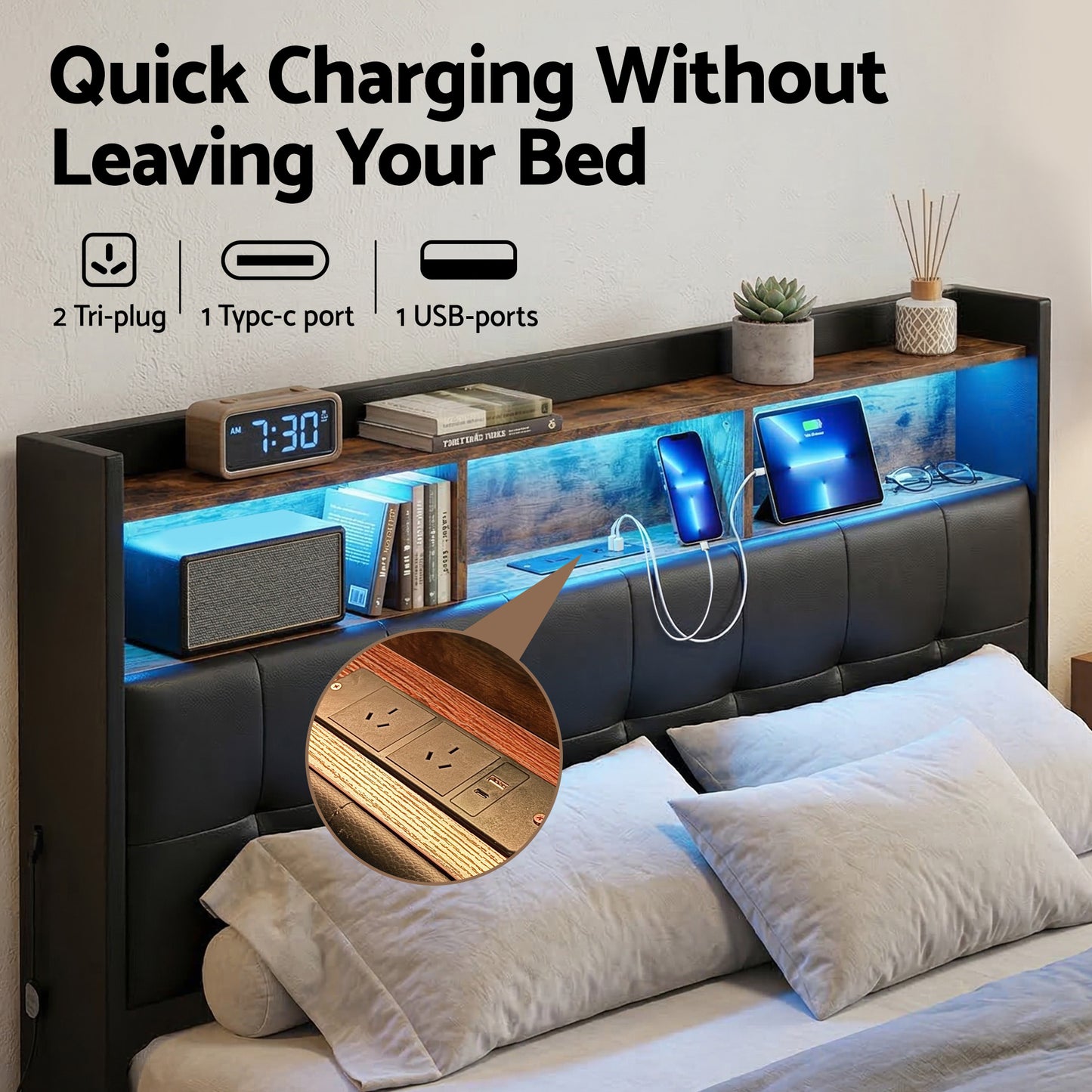 Tiara Bed Frame with Gas Lift Storage LED Lights Charging Station Headboard - Black Queen