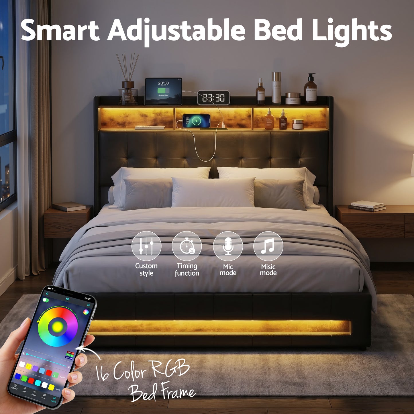 Tiara Bed Frame with Gas Lift Storage LED Lights Charging Station Headboard - Black Queen