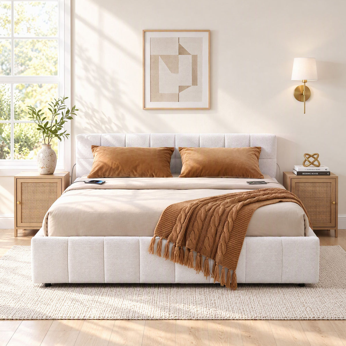 Xylia Bed Frame with Charging LED Lights & Tufted Headboard - White King
