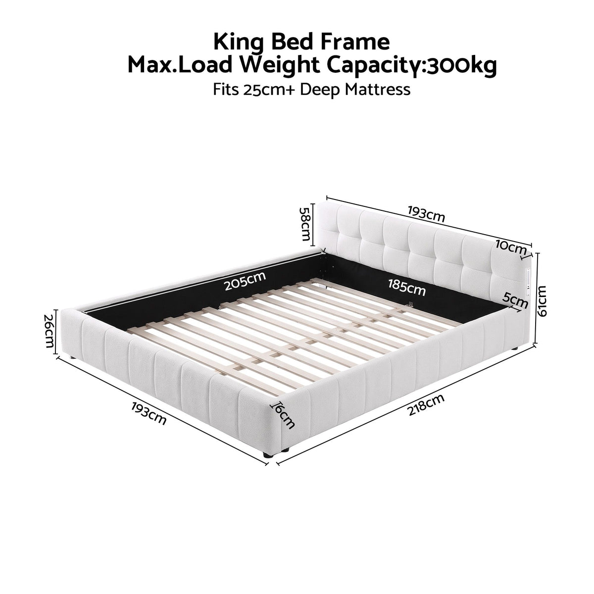 Xylia Bed Frame with Charging LED Lights & Tufted Headboard - White King
