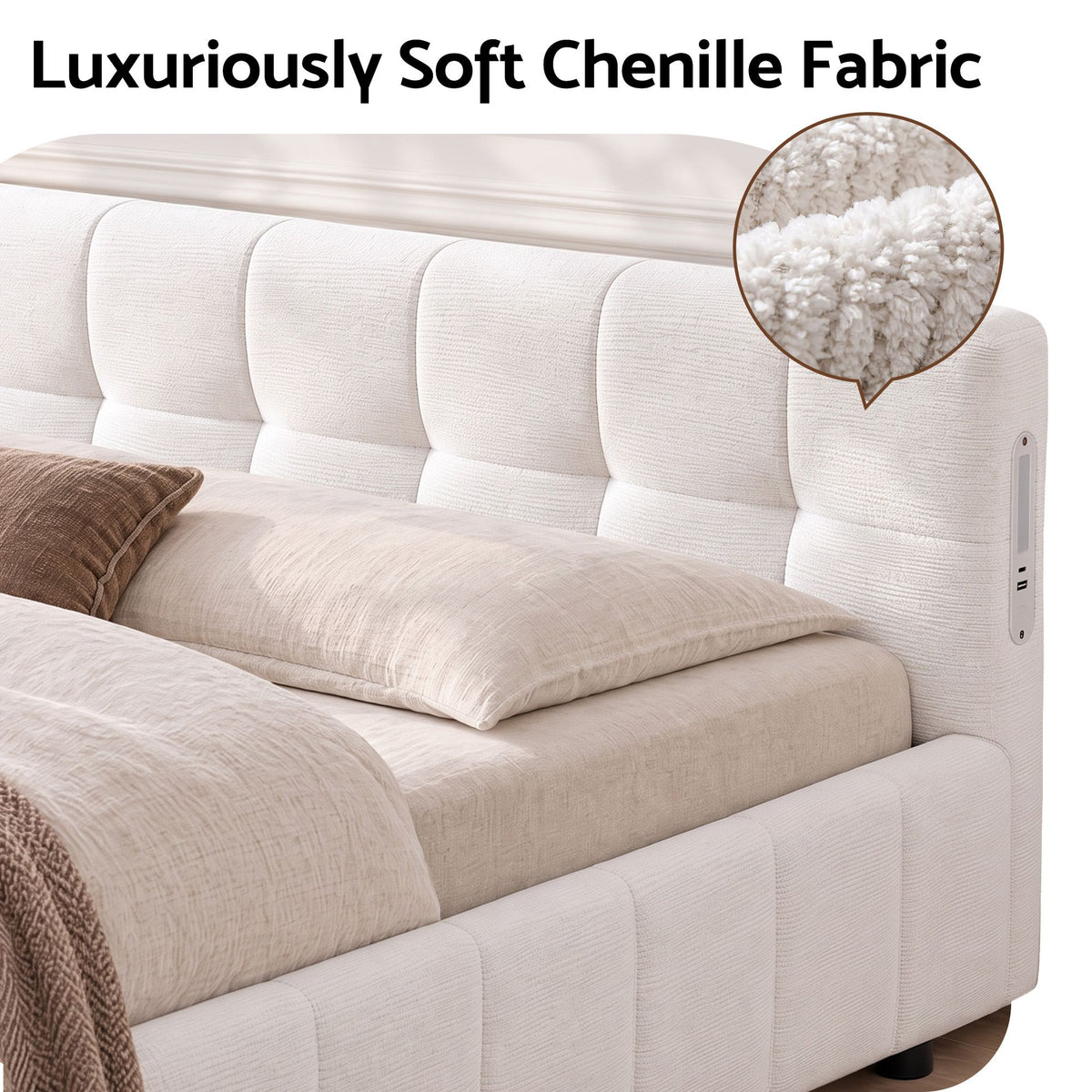 Xylia Bed Frame with Charging LED Lights & Tufted Headboard - White King