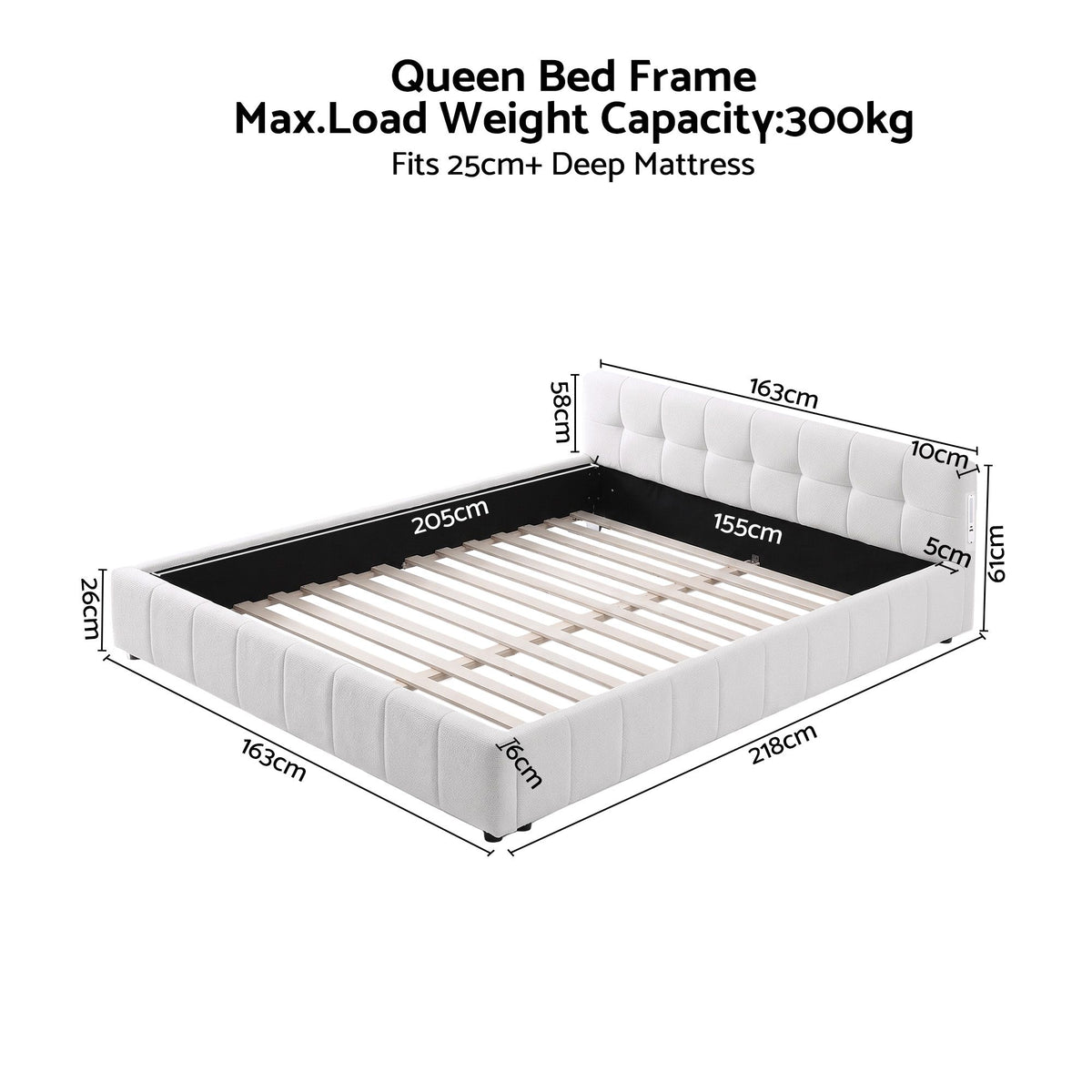 Xylia Bed Frame with Charging LED Lights & Tufted Headboard - White Queen