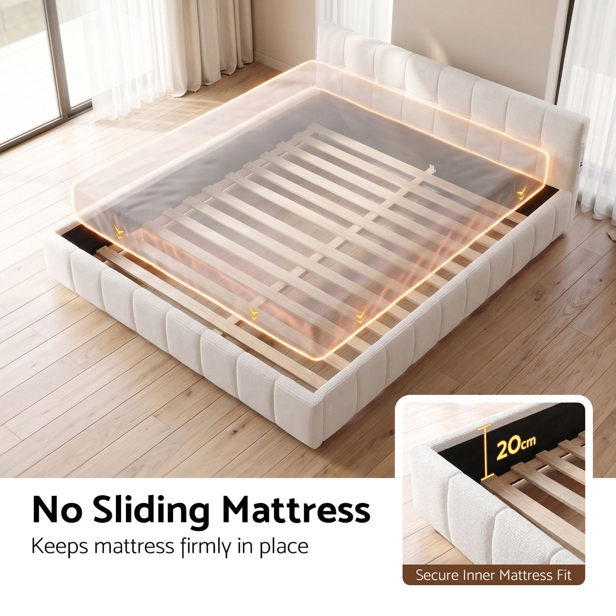 Xylia Bed Frame with Charging LED Lights & Tufted Headboard - White Queen