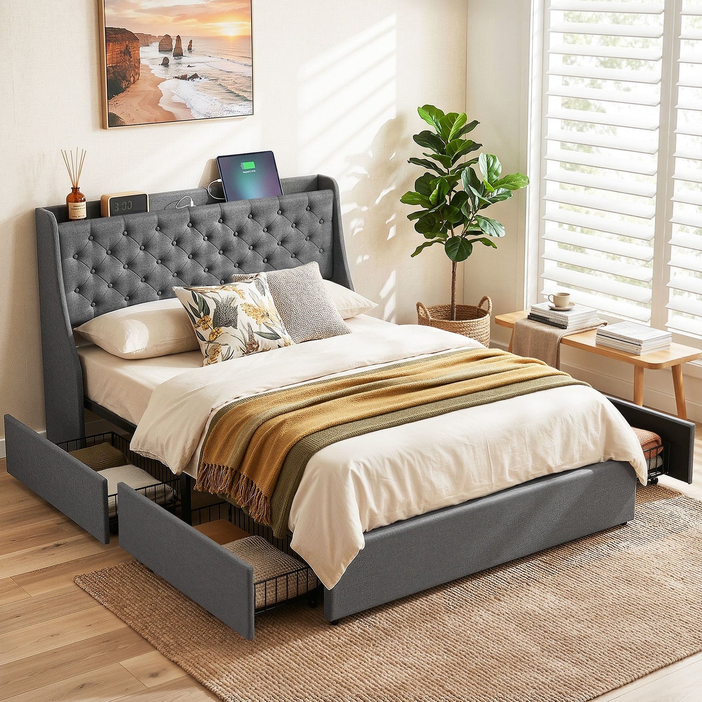 Celeste Bed Frame with 4 Storage Drawers and Charging Station Tufted Wingback Headboard - Grey Double