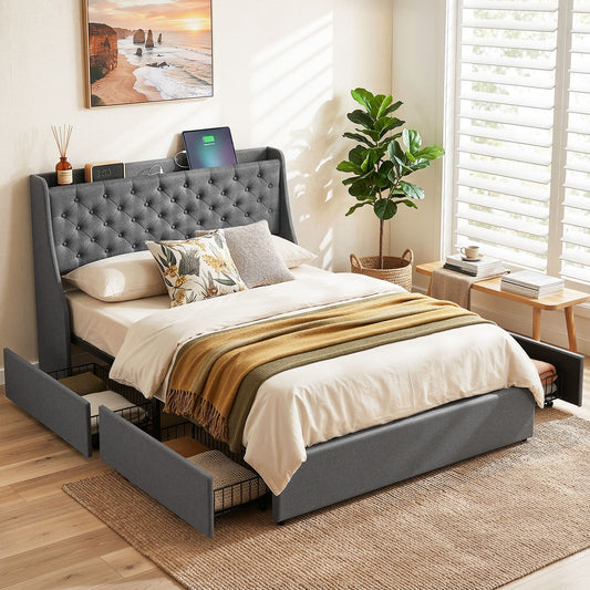 Celeste Bed Frame with 4 Storage Drawers and Charging Station Tufted Wingback Headboard - Grey Double