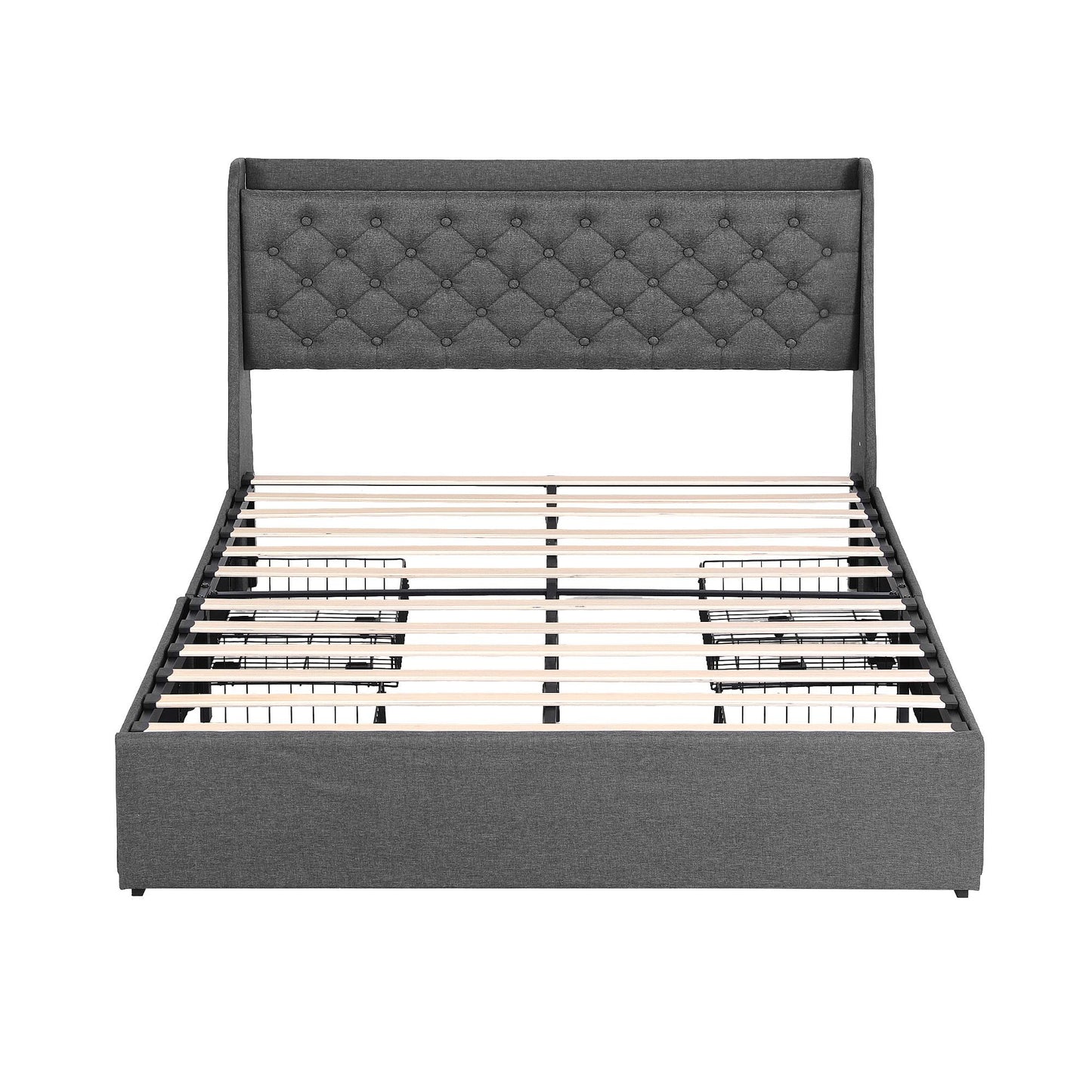 Celeste Bed Frame with 4 Storage Drawers and Charging Station Tufted Wingback Headboard - Grey Double