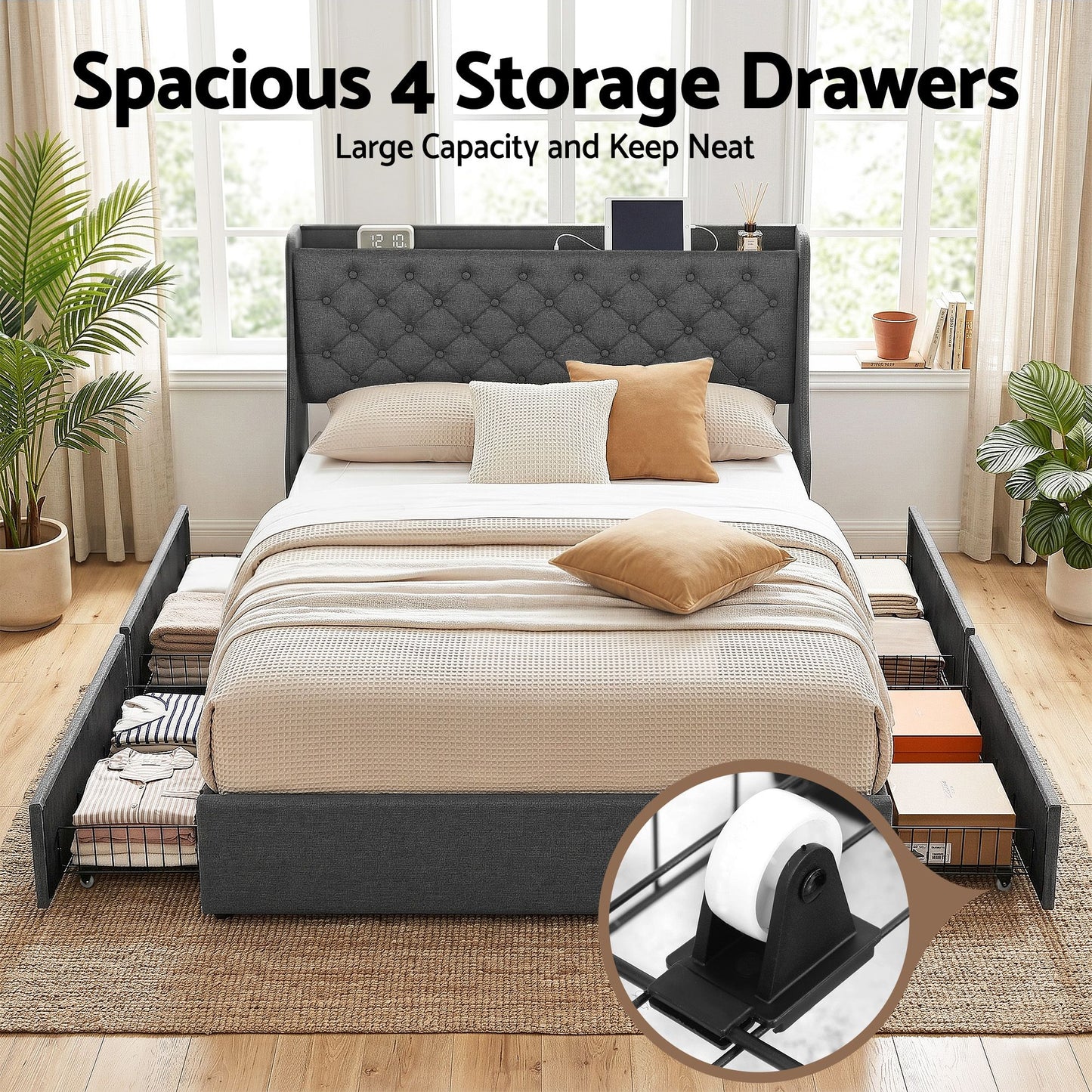 Celeste Bed Frame with 4 Storage Drawers and Charging Station Tufted Wingback Headboard - Grey Double