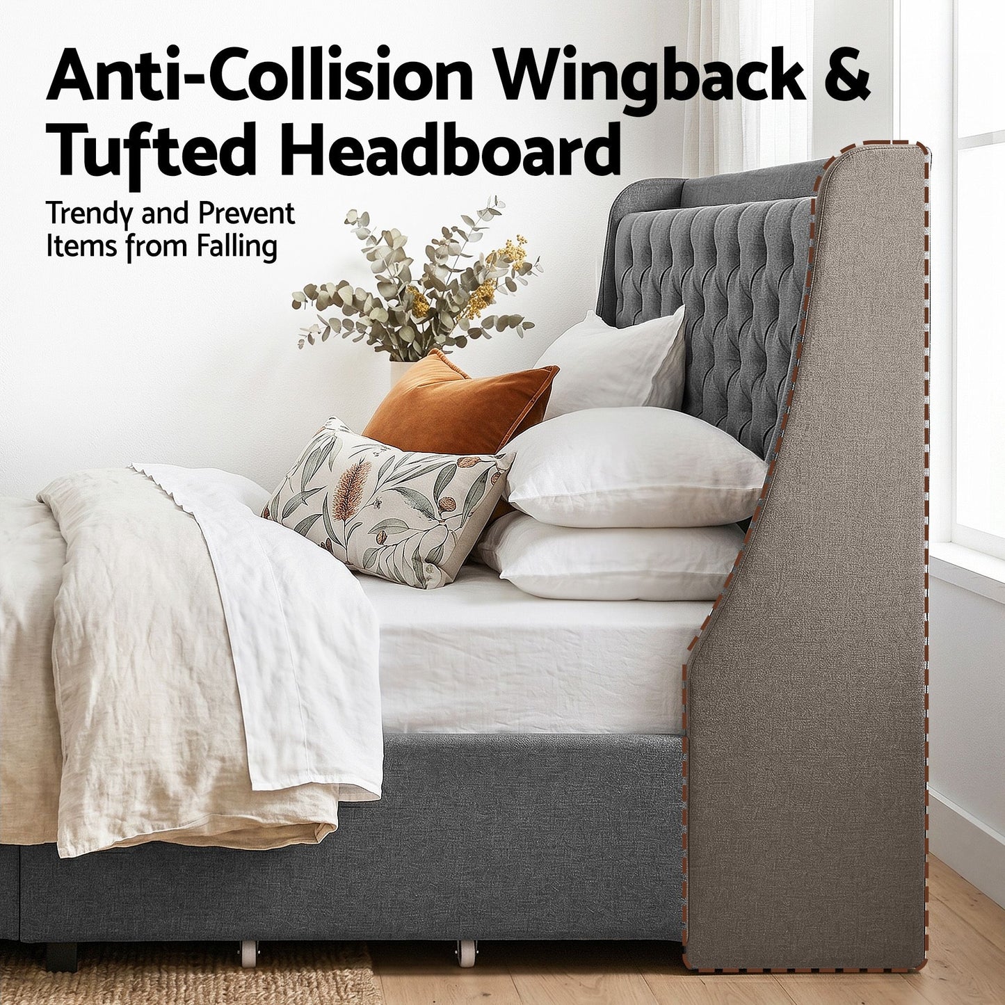 Celeste Bed Frame with 4 Storage Drawers and Charging Station Tufted Wingback Headboard - Grey Double