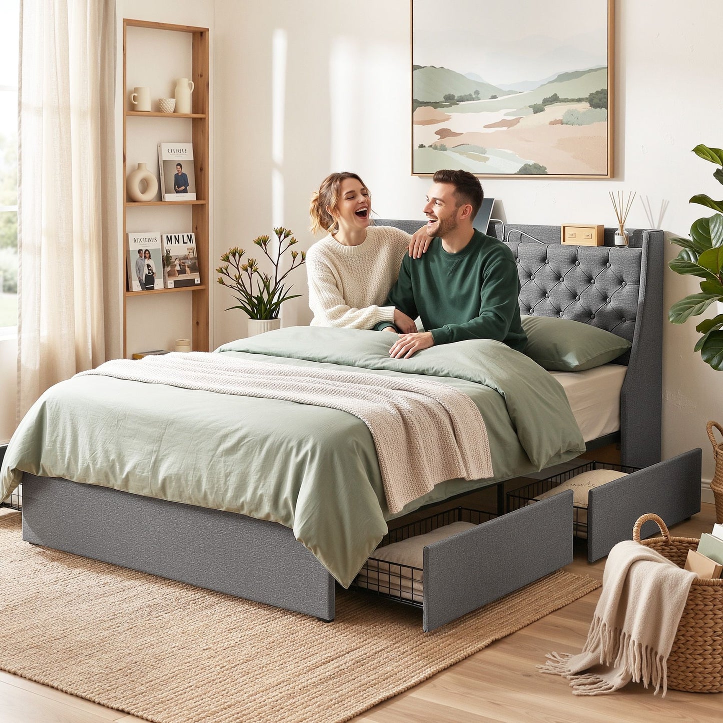 Celeste Bed Frame with 4 Storage Drawers and Charging Station Tufted Wingback Headboard - Grey Double