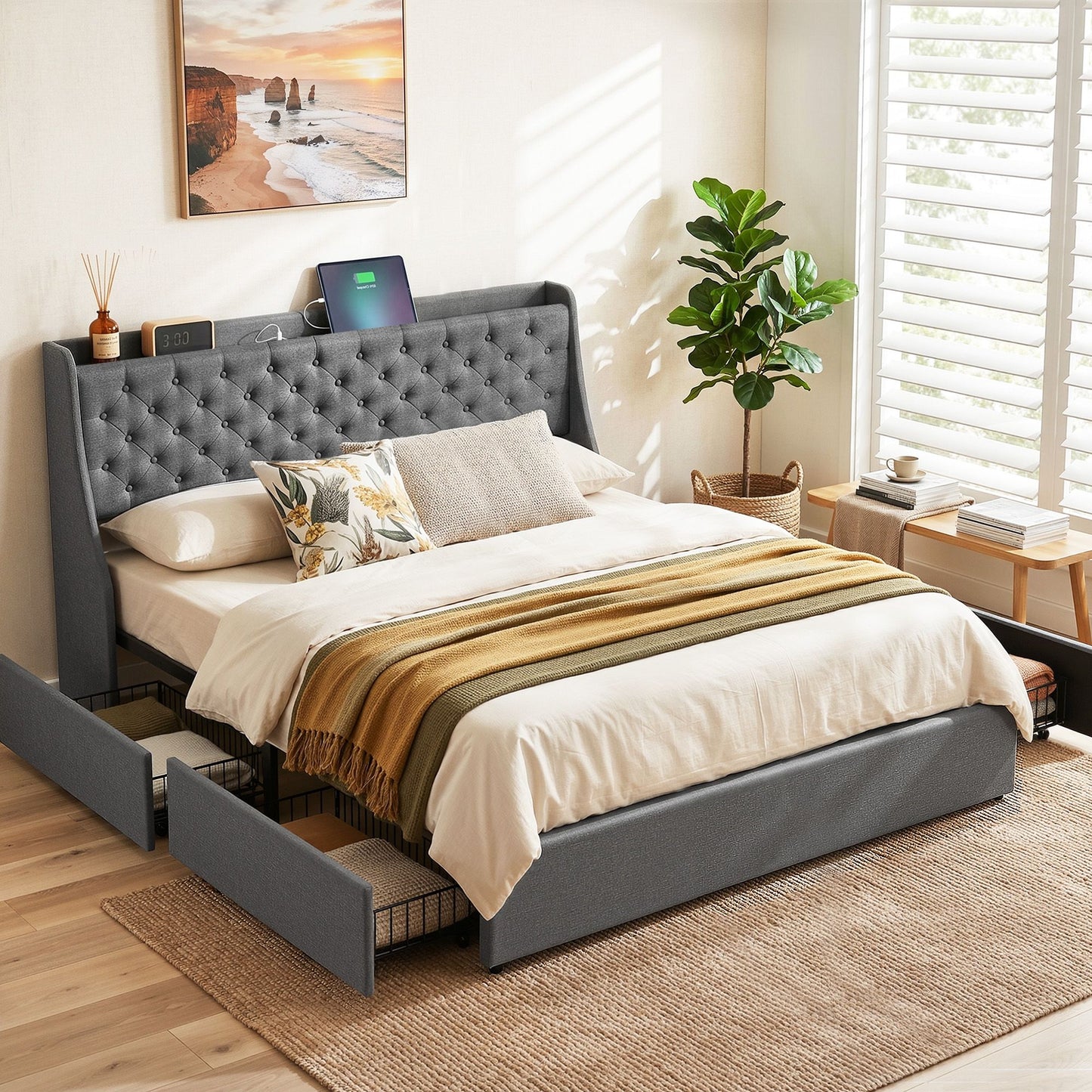 Celeste Bed Frame with 4 Storage Drawers and Charging Station Tufted Wingback Headboard - Grey King